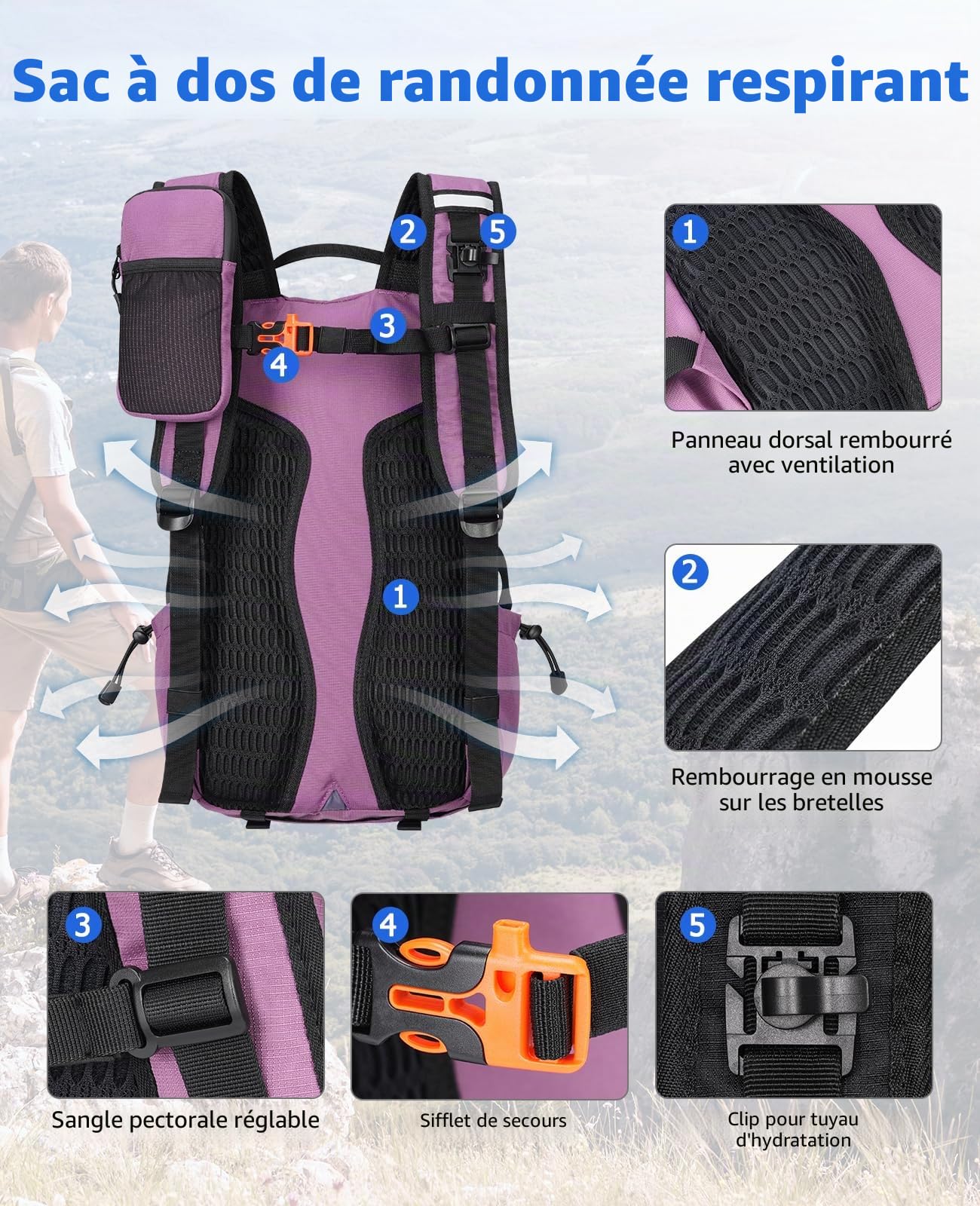 Sac à dos de randonnée 22 l pour homme et femme, petit sac à dos léger avec support pour téléphone, sac à dos de trekking avec bandes réfléchissantes pour cyclisme, camping, randonnée, lilas