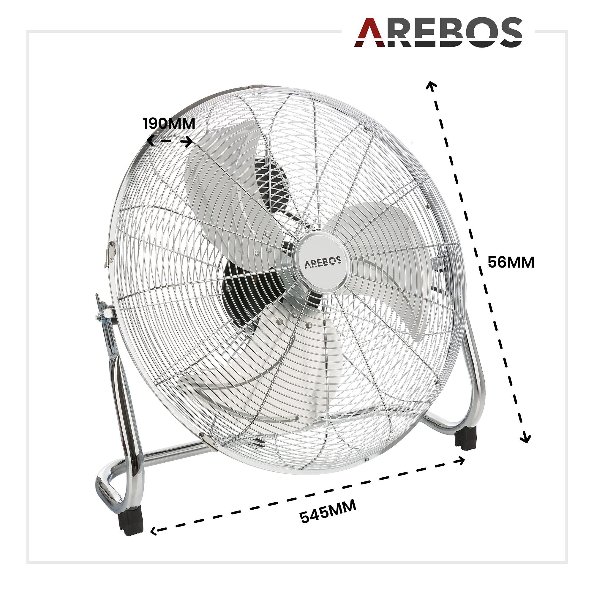 Arebos Ventilador Industrial 45cm - Ventilador Suelo Silencioso 120W - 3 Niveles de Velocidad - Ângulo de Inclinación Ajustable - Plata
