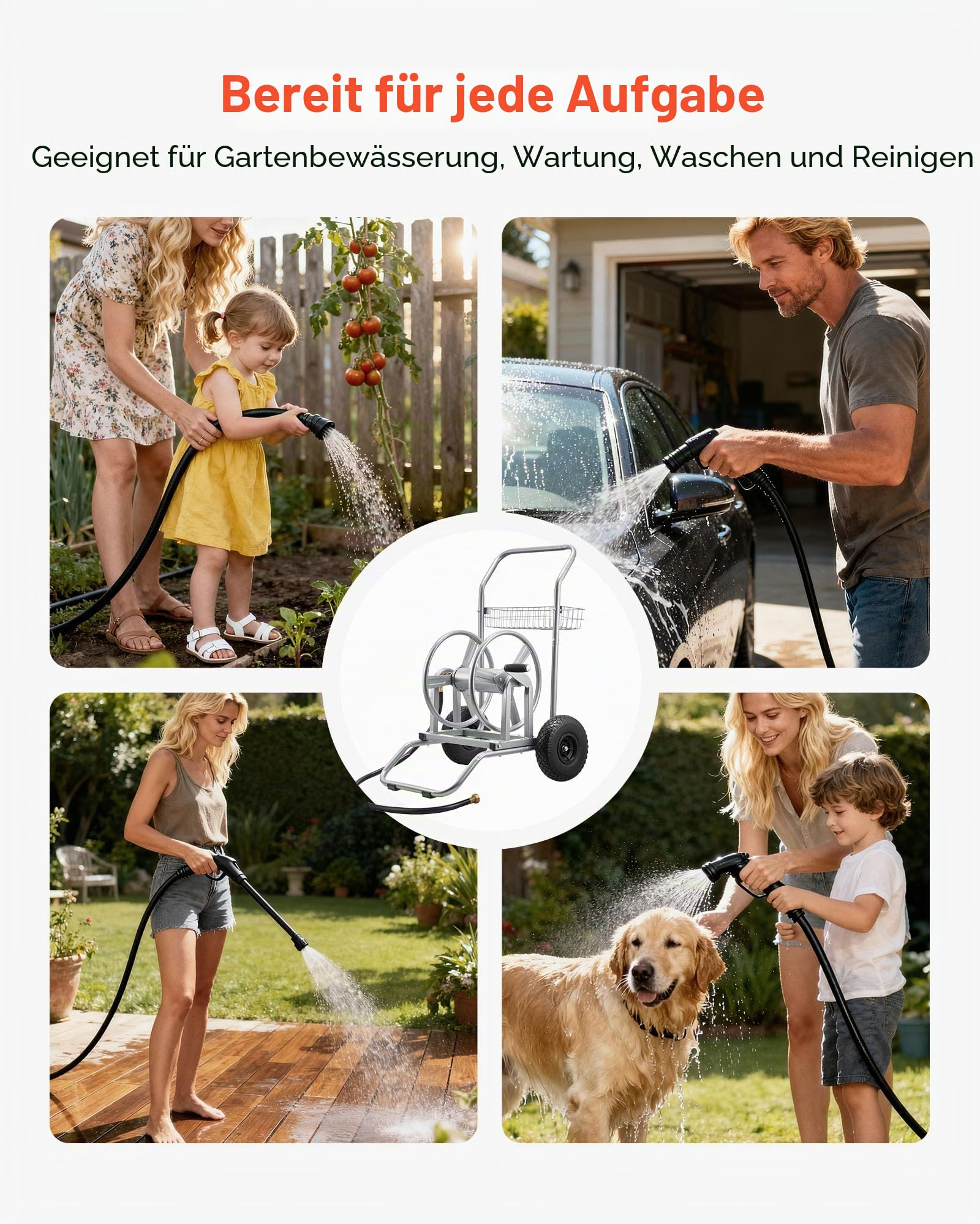 VEVOR Schlauchwagen, 6096/9144cm Gartenschlauchwagen, Schlauchtrommel mit Zwei Rädern, Griff & Aufbewahrungskorb, Schlauchaufroller mit doppeltem Verwendungszweck für Garten, Auto 675x610x900mm