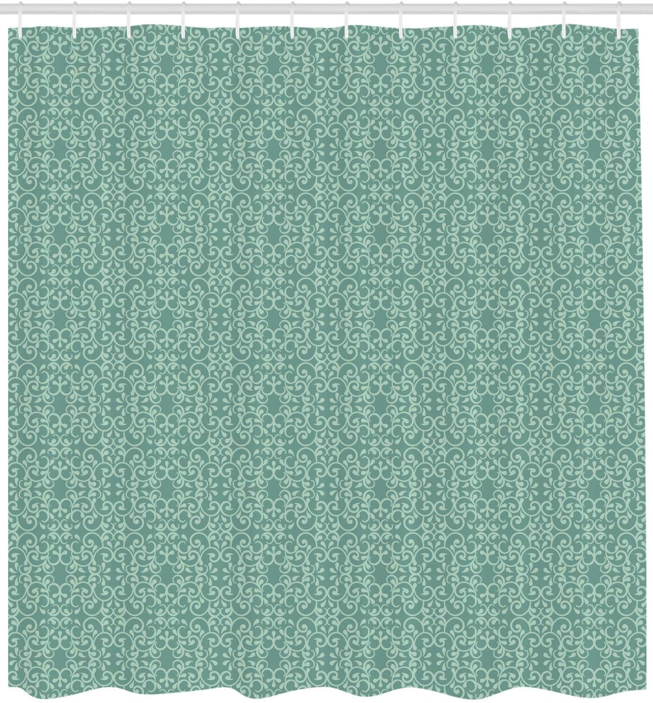 Ambesonne Green Shower Curtain, Vintage Style Victorian Garden Pattern Antique Design Old Fashion Ornaments, Cloth Fabric Bathroom Decor Set with Hooks, 69" W x 84" L, Turquoise Seafoam