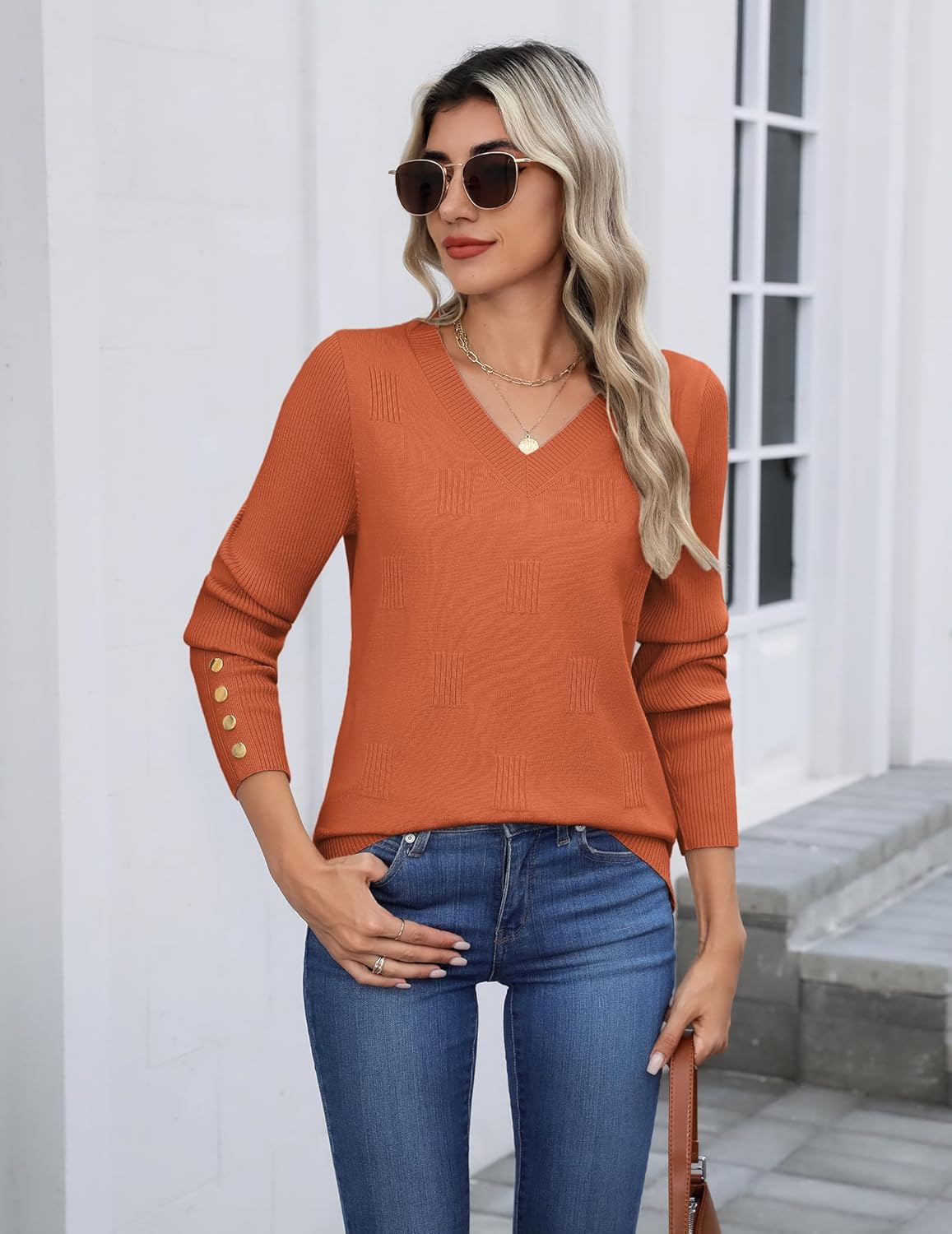 Zeagoo Womens V Neck Sweaters Shirts Long Sleeve Lightweight Ribbed Knit Pullover Sweater Blouse Tops with Buttons Oufits - Image 3