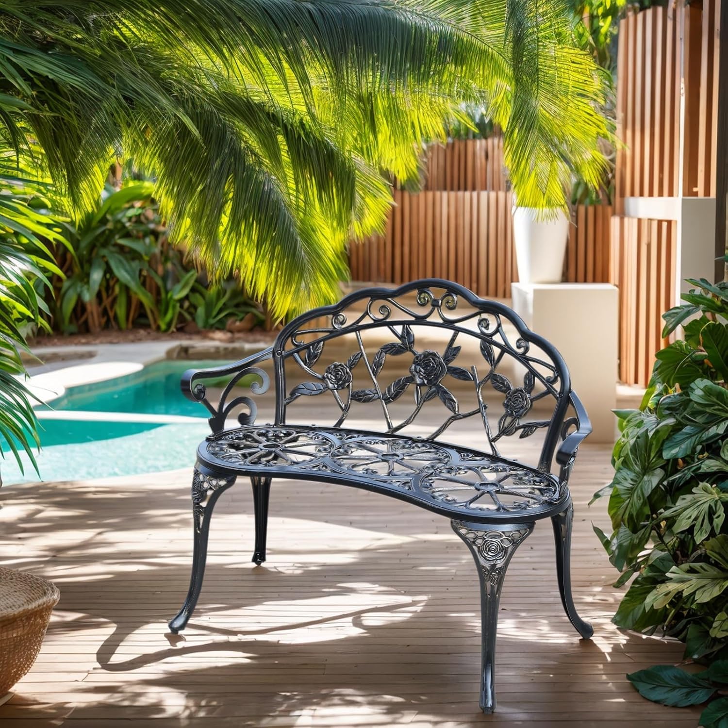 Cast Aluminium Outdoor Bench, Rose Garden Bench for Patio,Park,Lawn,Yard(Bronze)