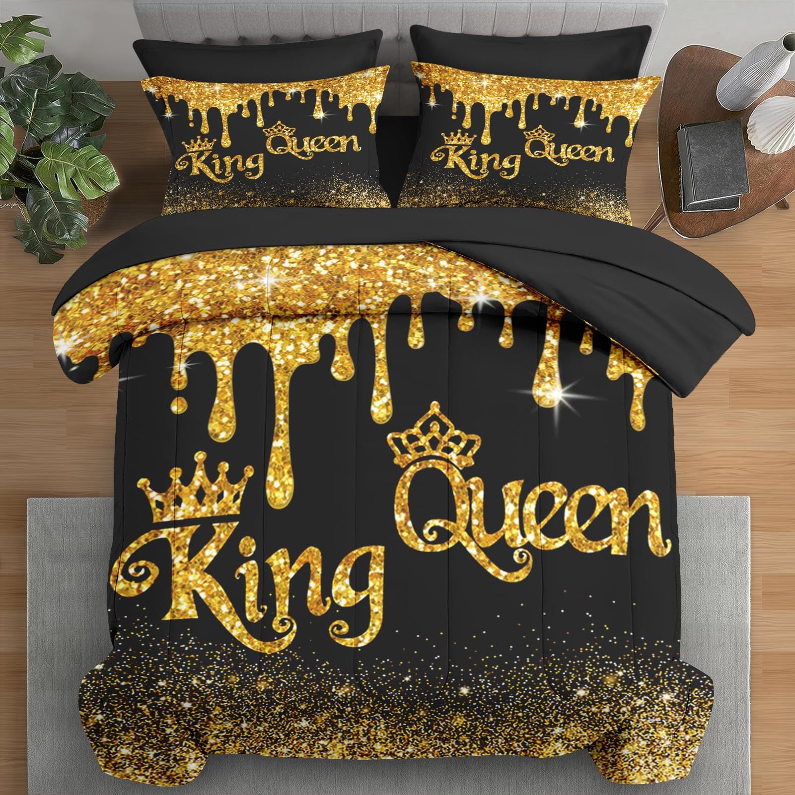 Comforter Set Twin Size, King Queen Black Gold 5 Pcs Bedding for Kids and Adults, Cup Royal Love Bed Sheet Sets with Fitted Sheet Pillowcase & Sham for Bedroom Bed Decor