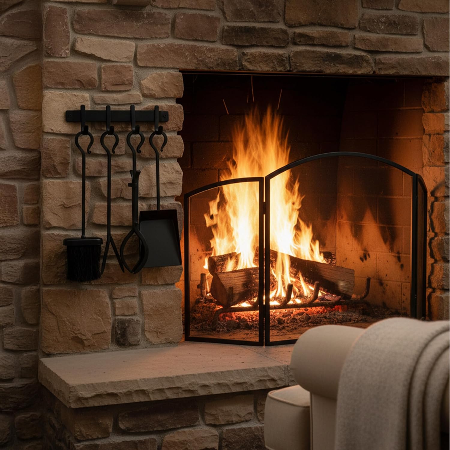 Relaxdays Fireplace Companion Set, 5-Piece Set, Poker, Shovel, Ash Brush, Fire Tongs, Wall Mount, Oven Set, Black