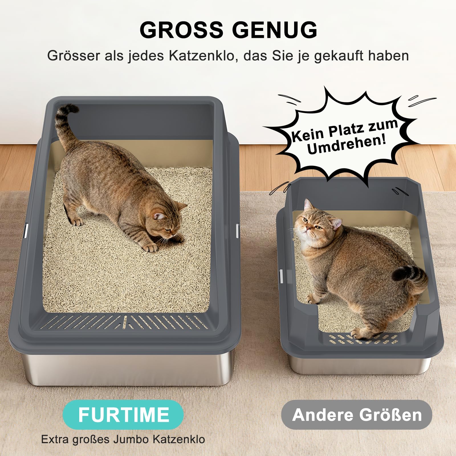 FURTIME Katzenklo Edelstahl XXXL, Katzentoilette Edelstahl 71x51x31 cm, Extra Großes Katzenklo mit Abnehmbarem Hohem Rand, Leicht zu Reinigen, Geeignet für Mehrkatzenhaushalte & Große Katzenrassen