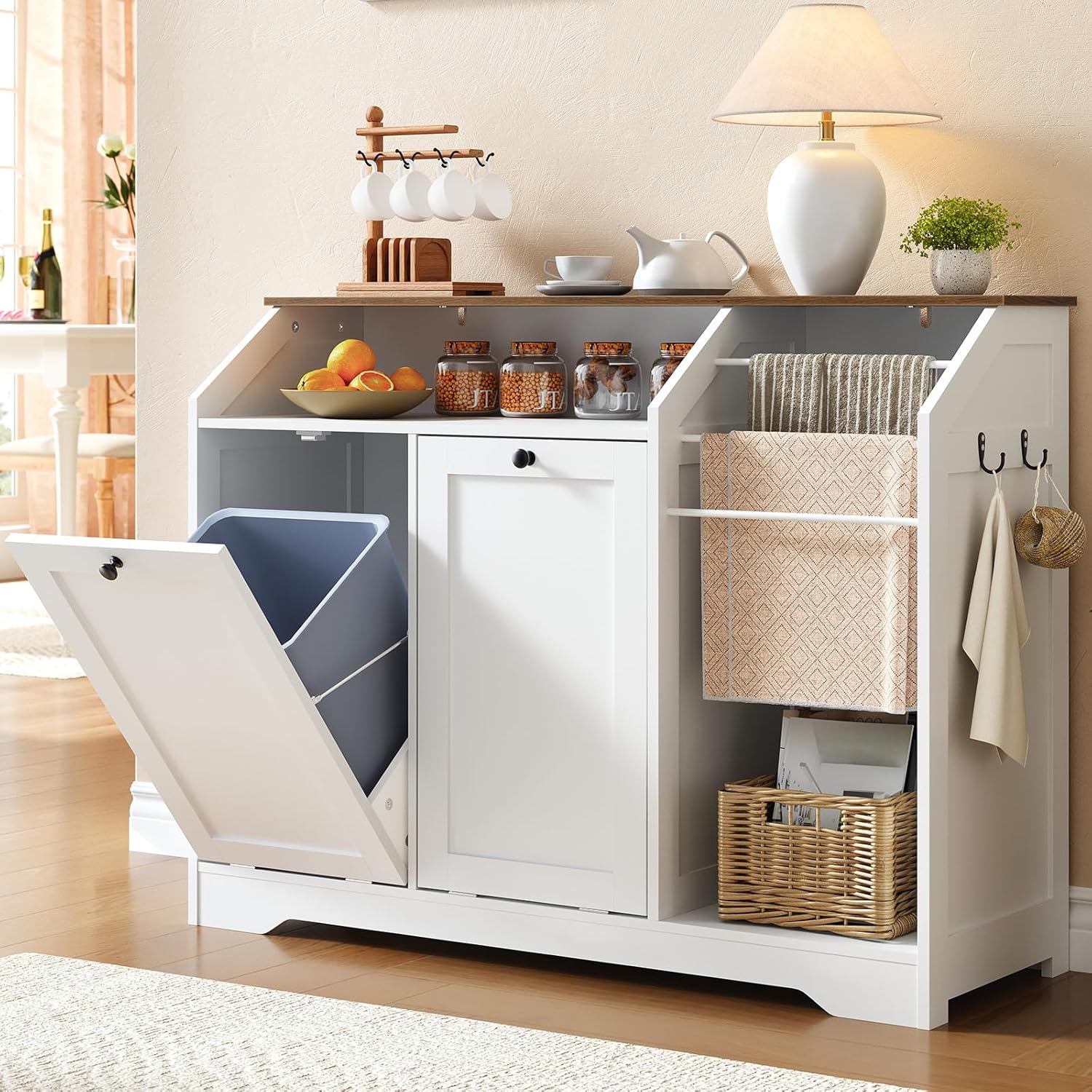 43.3" Laundry Hamper Cabinet, Double Tilt-Out Laundry Hamper with 4 Hooks and 3 Towel Racks, 2 x 8.7 Gal Hidden Laundry Baskets, Trash Can Cabinet for Bathroom, Kitchen, White and Walnut