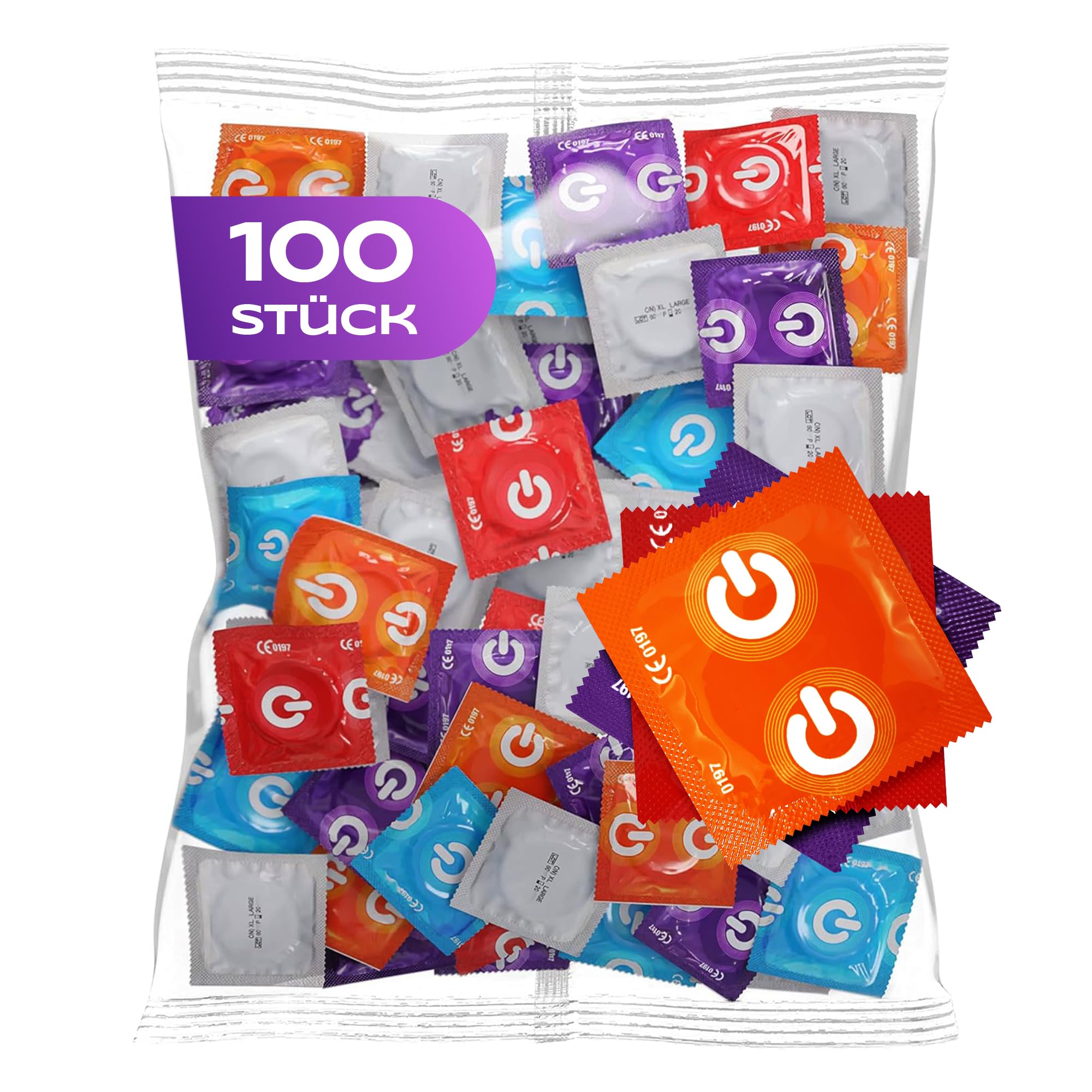 ON) Kondome Mix | 100 Stück Packung | Premium 7 verschiedene Sorten & Größen mit 54 mm Breite | 20x extra dünn, natur & genoppt | 10x extra stark, mit Erdbeer, Banane, Schoko Duft
