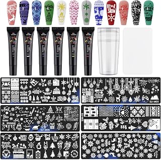 EBANKU Christmas Nail Stamper Kit - 6pc Stamping Plate, 6 Colors, Gel Polish, Silicone Stamper & Scrapers - Snowflakes, Snowmen, Santa Trees Design Templates