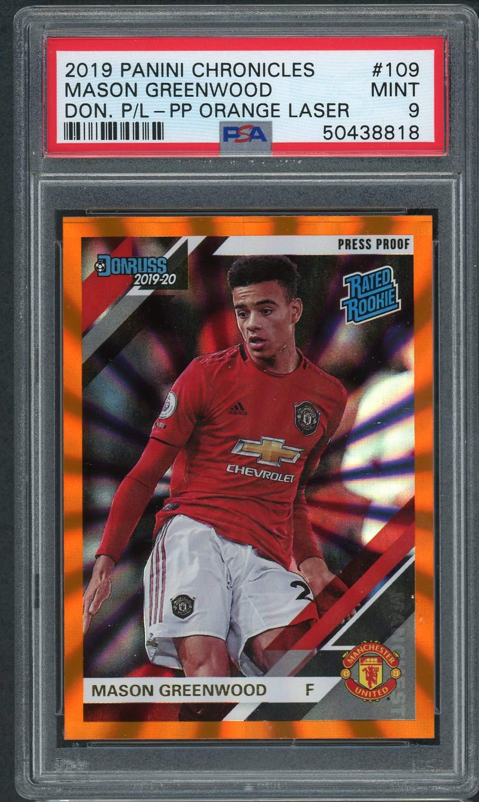 Mason Greenwood Manchester United 2019 Panini Chronicles Donruss Press Proof Orange Laser Soccer Roo