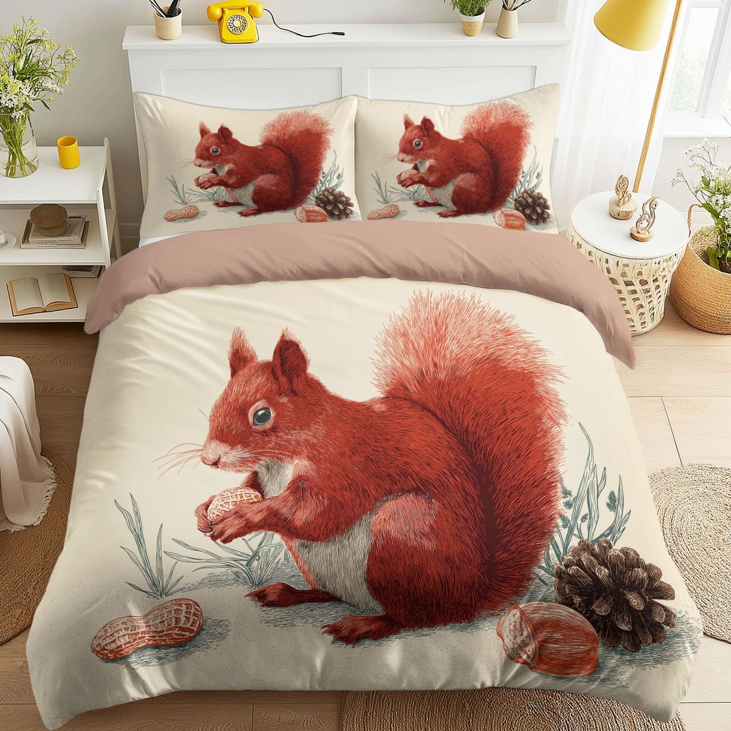 Housse de couette 160x200 microfibre premium au décor forêt rustique écureuil