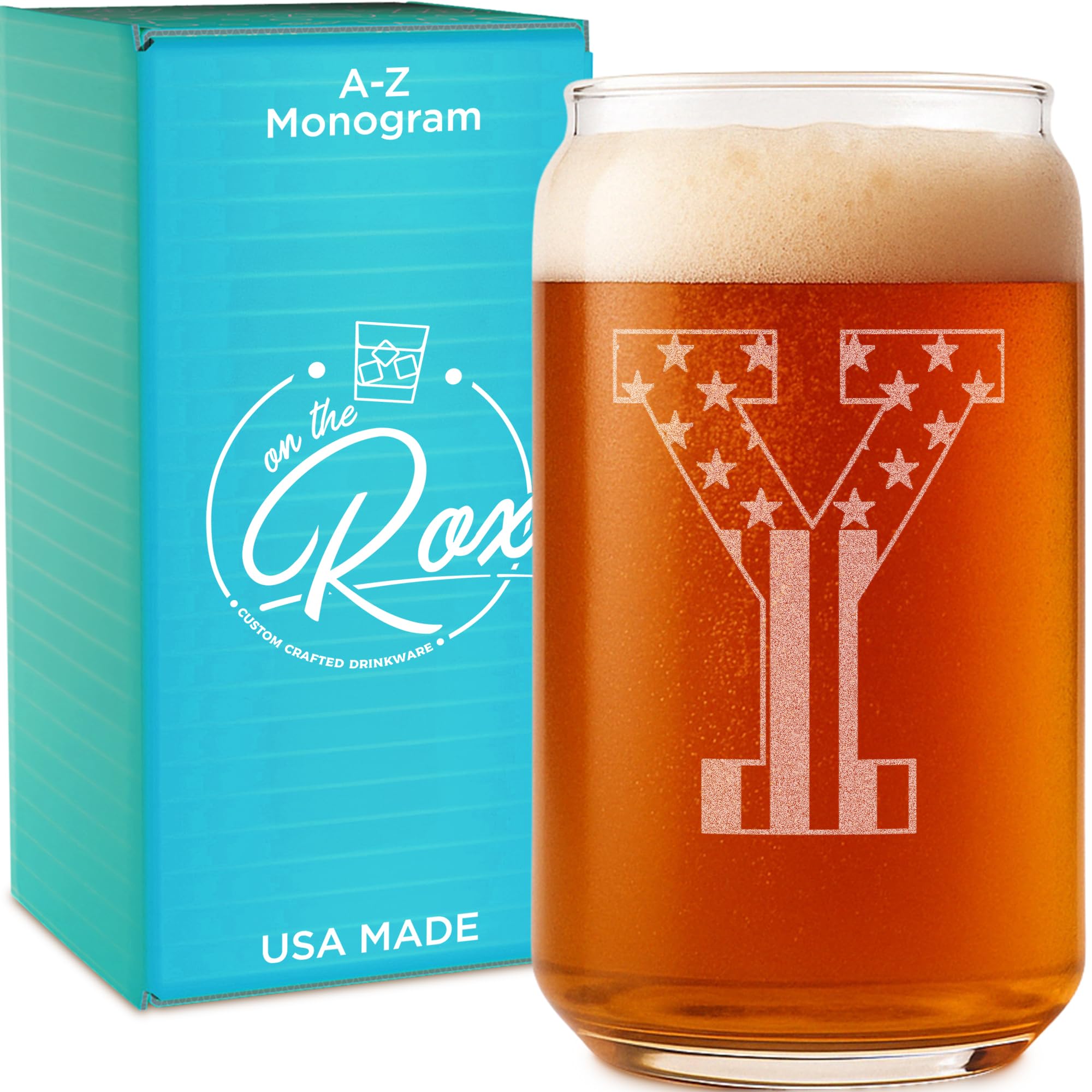 On The Rox Monogram Beer Glasses for Men (A-Z) 16 oz - Personalized Engraved Beer Gifts for Him - Groomsmen Gifts Brother in Law Dad Son Coworker - Unique USA Made Dishwasher Safe Pint Glass (Y)