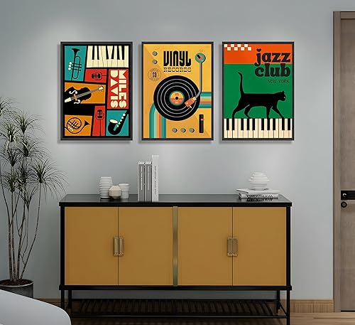 Miniatura 9 de JWDXNOOK 3 piezas de arte de pared retro de música de jazz, discos de vinilo vintage, pinturas de instrumentos musicales, gato negro sobre piano,
