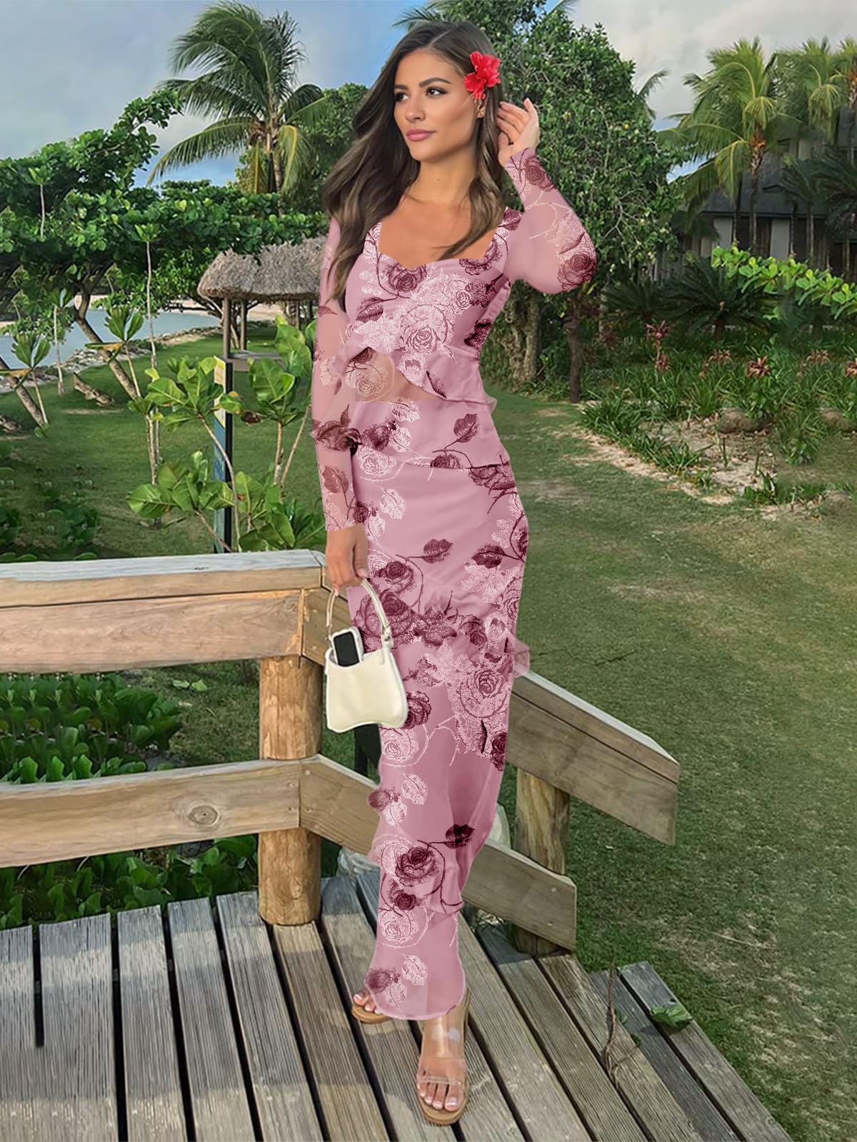 SEBOWEL Ensemble deux pièces en maille florale pour femme - Jupe à manches longues froncée - Jupe moulante à volants - Robe de cocktail formelle