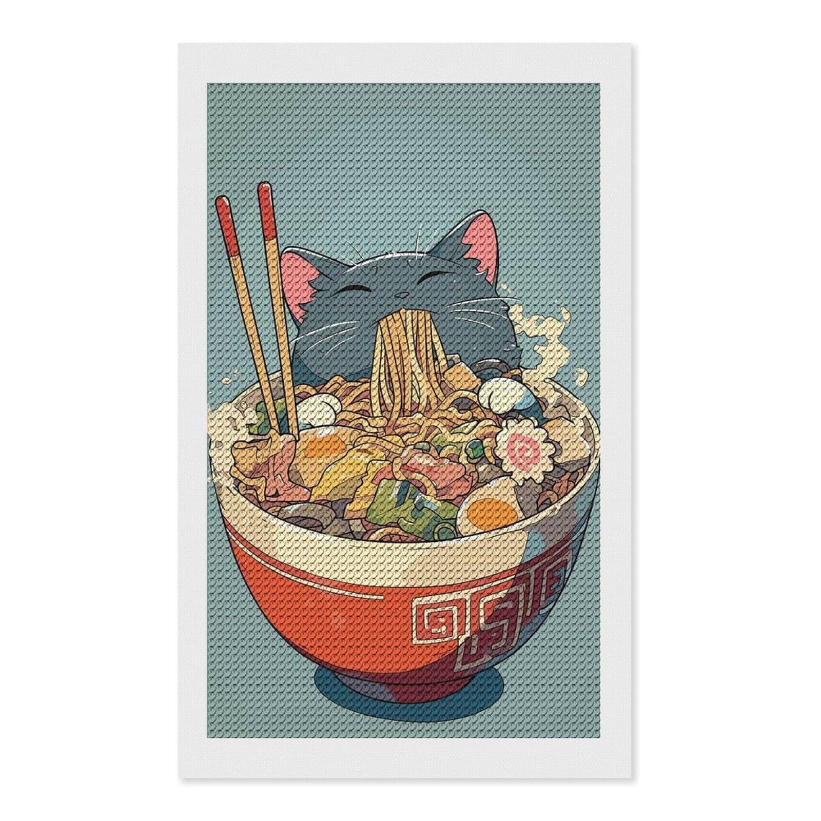 Junmoney Ramen Noodle Anime Cat DIY Diamond Art Canvas Kit 12"x20", Simple to Start, Fun Craft Experience, Modern Decor, Gift Idea, Adhesive Canvas