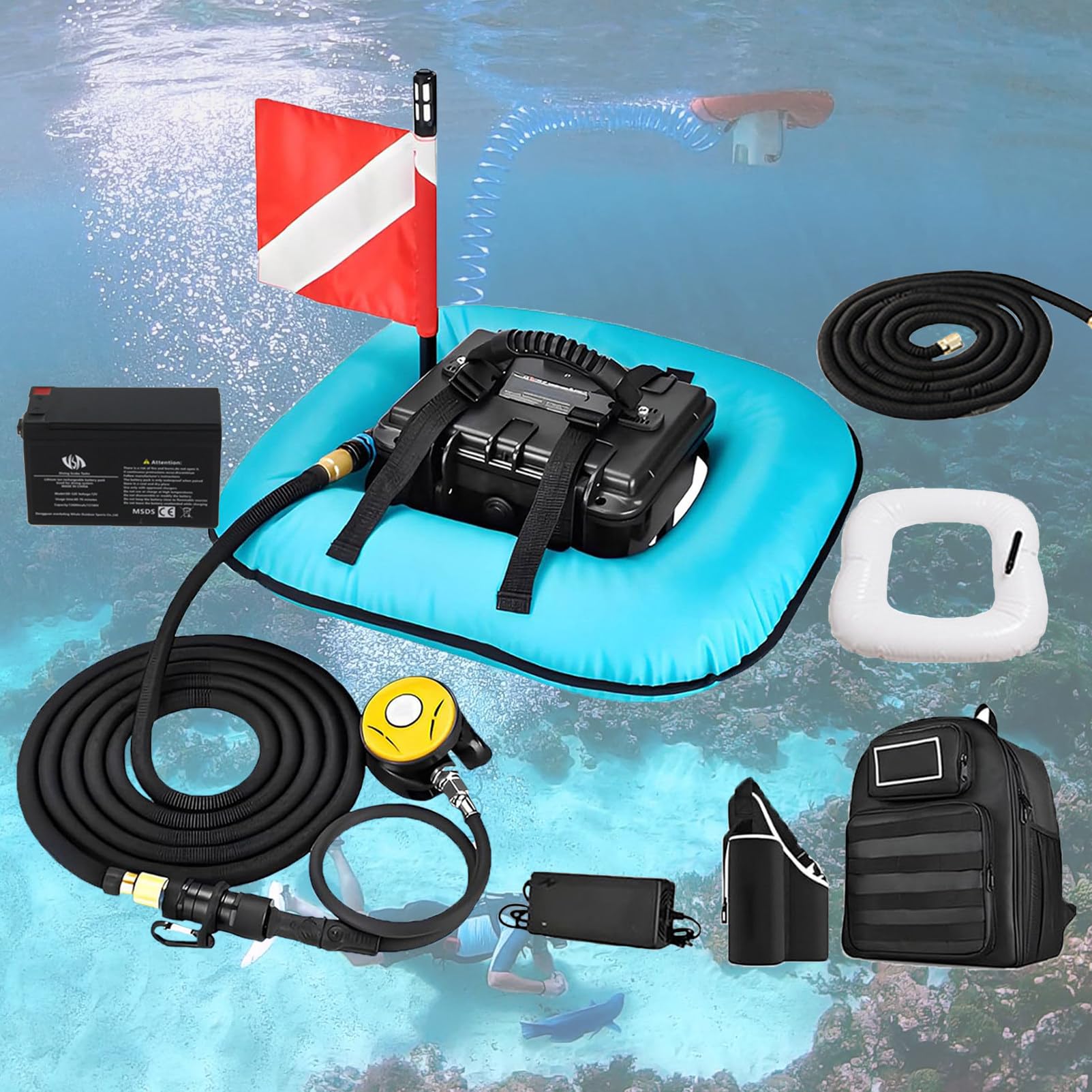 NzEupno Diving Tanks Underwater Breathing Ventilator, Scuba Diving Ventilator System, 52L/min Without Tank Oxygen Portable Device, Waterproof Air Compressor Blue-2Battery