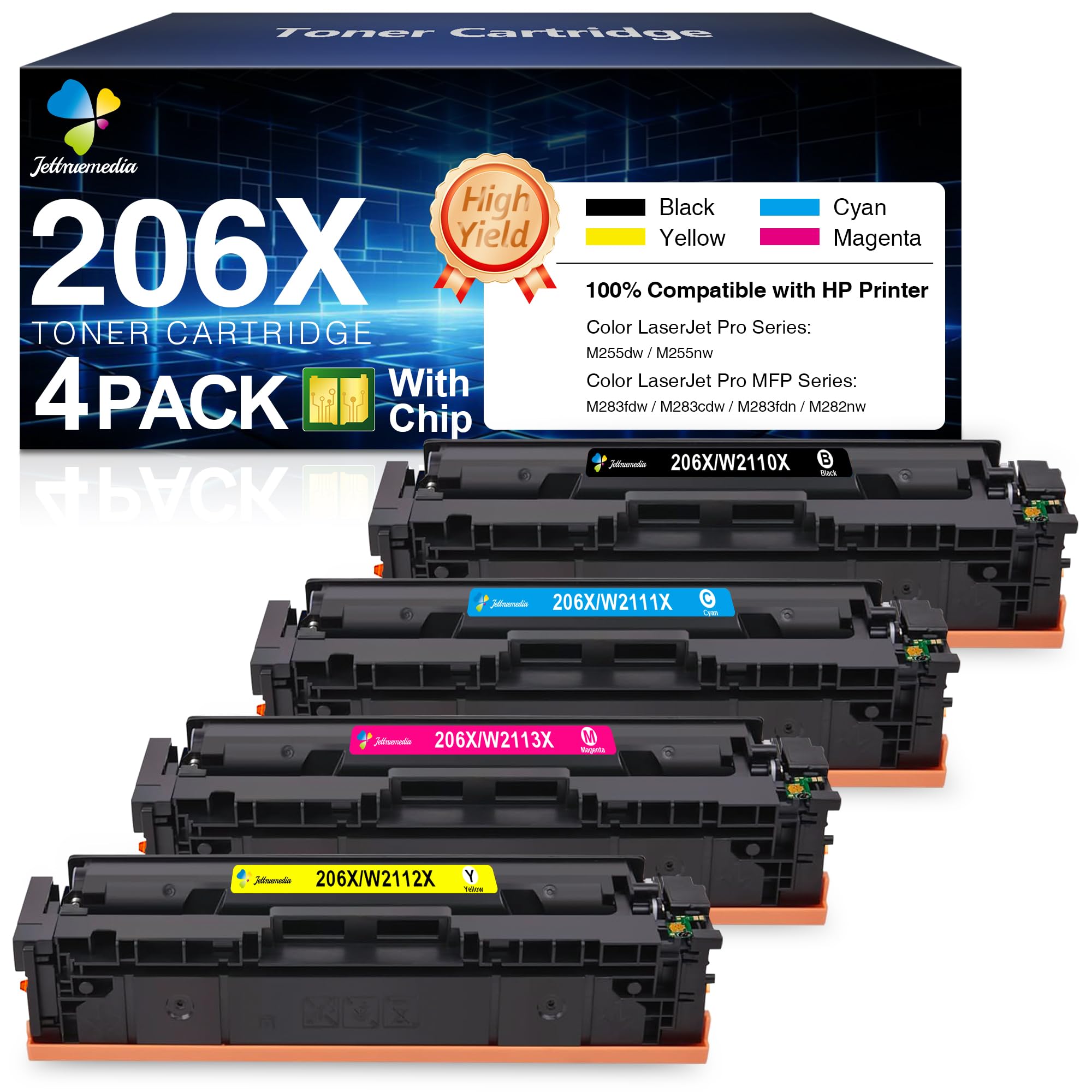 206X Toner Cartridges 4 Pack High Yield Replacement for HP 206A 206X Toner Cartridges Set Compatible for HP Color LaserJet Pro MFP M283fdw M283cdw M255nw M283fdn M282nw Printer with Chip B/C/M/Y