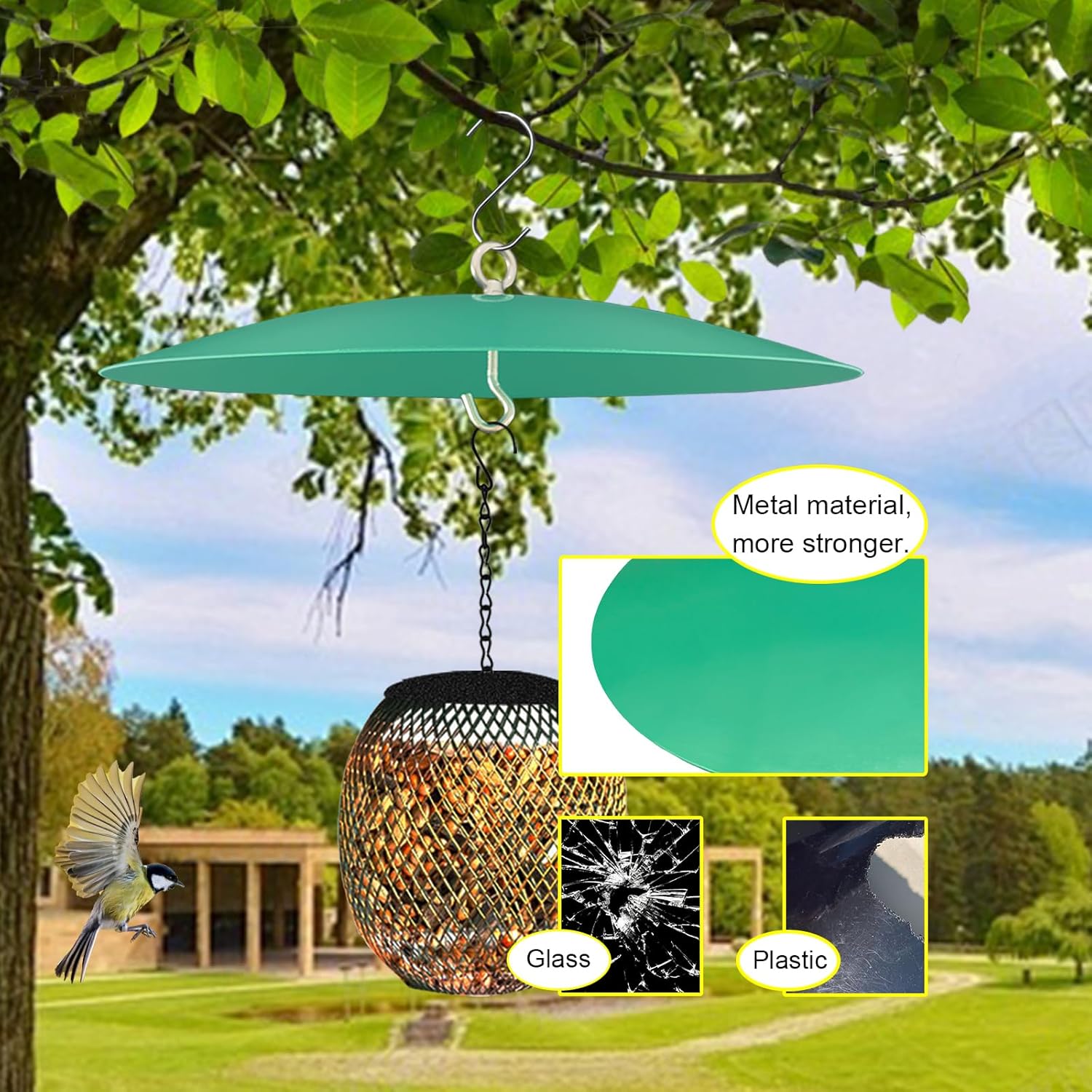 Metal Hummingbird Feeder Shade Cover Dome Shield Hang from Bird Feeders 13 Inch Bird Feeder Baffle for Outdoors/Backyard (2, Green)