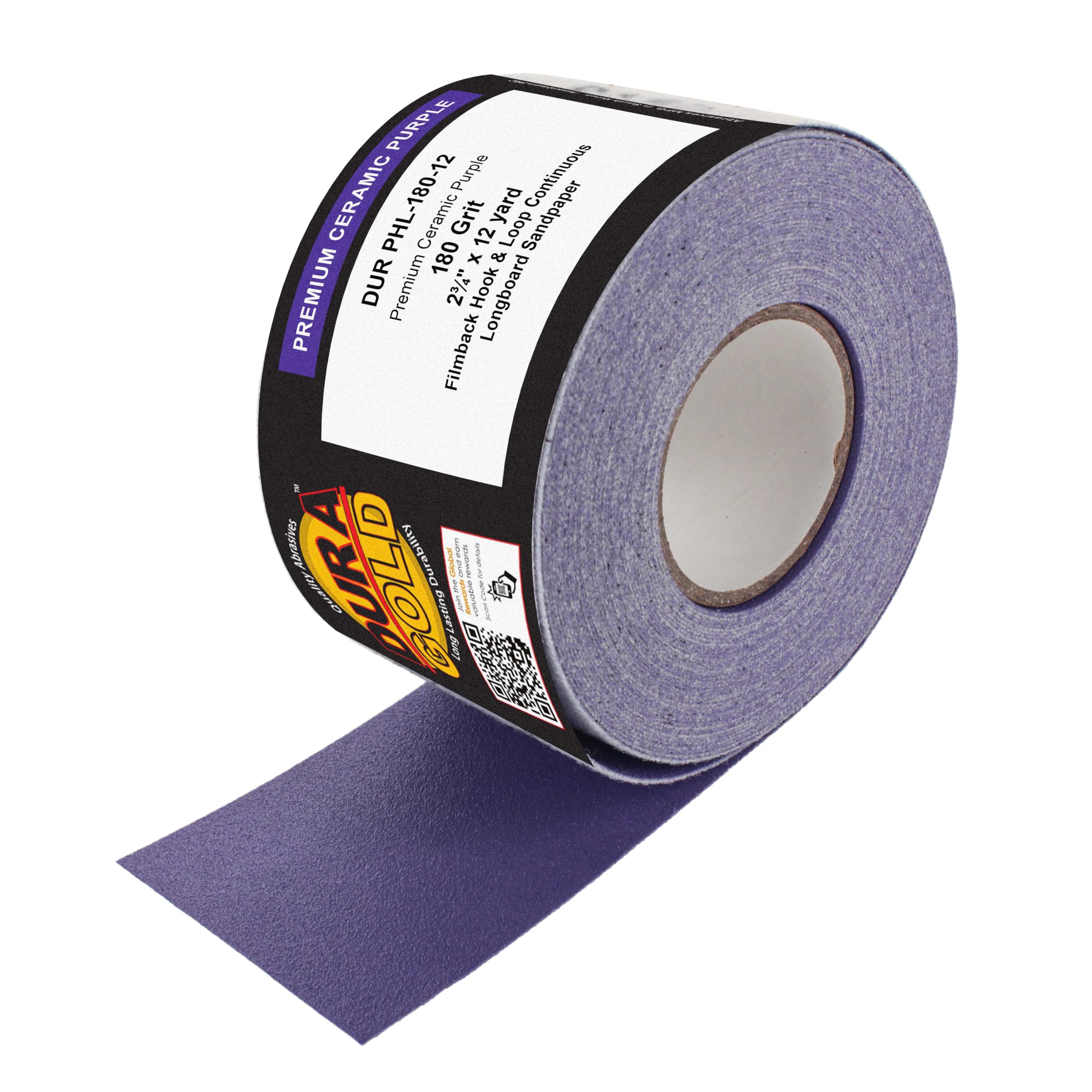Dura-Gold Premium 180 Grit Purple Film Ceramic Longboard Sandpaper, 2-3/4" Wide Continuous 12 Yard Roll - Hook & Loop Backing for Auto & Woodworking
