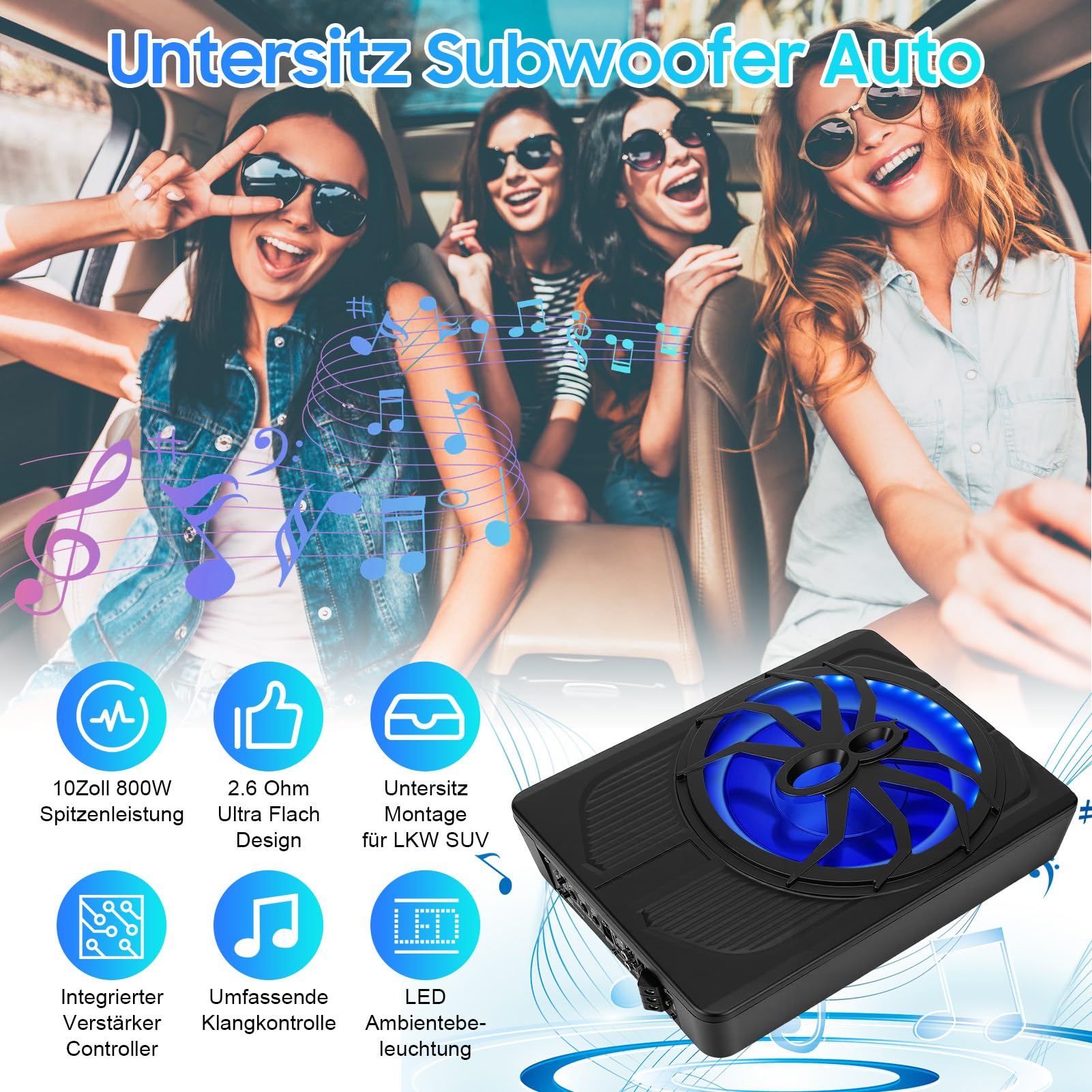 VINGVO Subwoofer Auto,10Zoll 800W Aktiv Subwoofer Für Auto,2.6 Ohm Ultra Flach Untersitz Subwoofer Autos Aktiv Mit Verstärker Controller Tiefton Lautsprecher Fahrzeug Für LKW SUV Truck