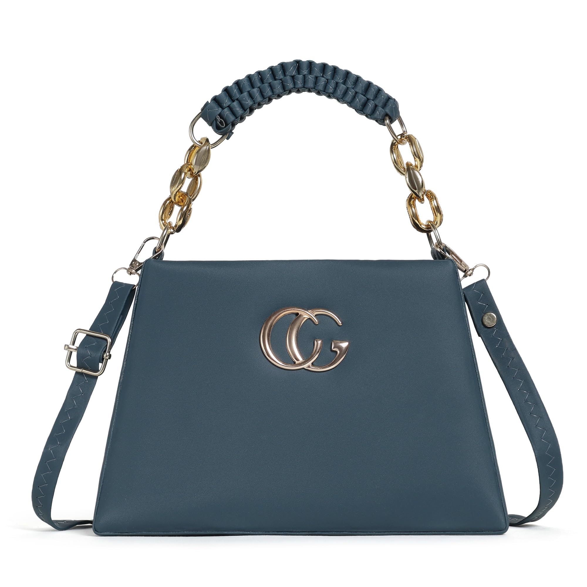 Black Structured Handbag with Gold Chain Handle and Woven Crossbody Strap, Faux Leather-picture-32