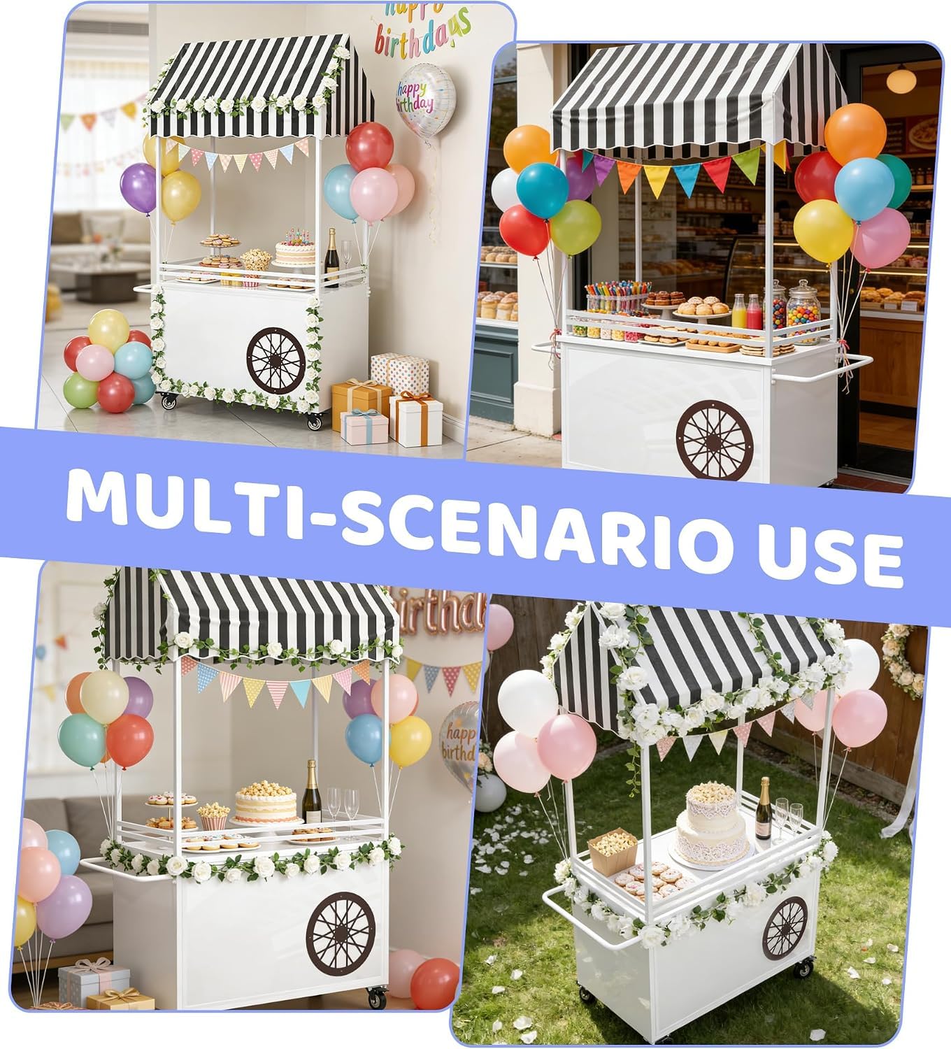 KEhtu Carrito De Dulces para Fiestas, Expositor De Pasteles con 3 Compartimentos De Almacenamiento Y 4 Ruedas, Carrito De Postres Vintage con Toldo, para Cumpleaños, Bodas Y Eventos, Uso Doméstico Y