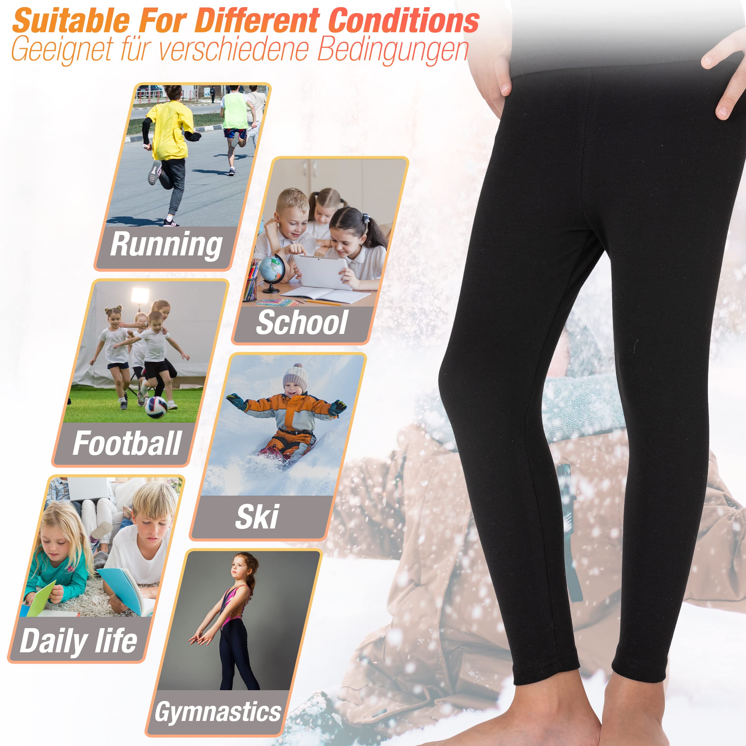 LOREZA® 2 Enfants Garçons Filles Thermique Legging sous-vêtements avec Polaire Chaud uni