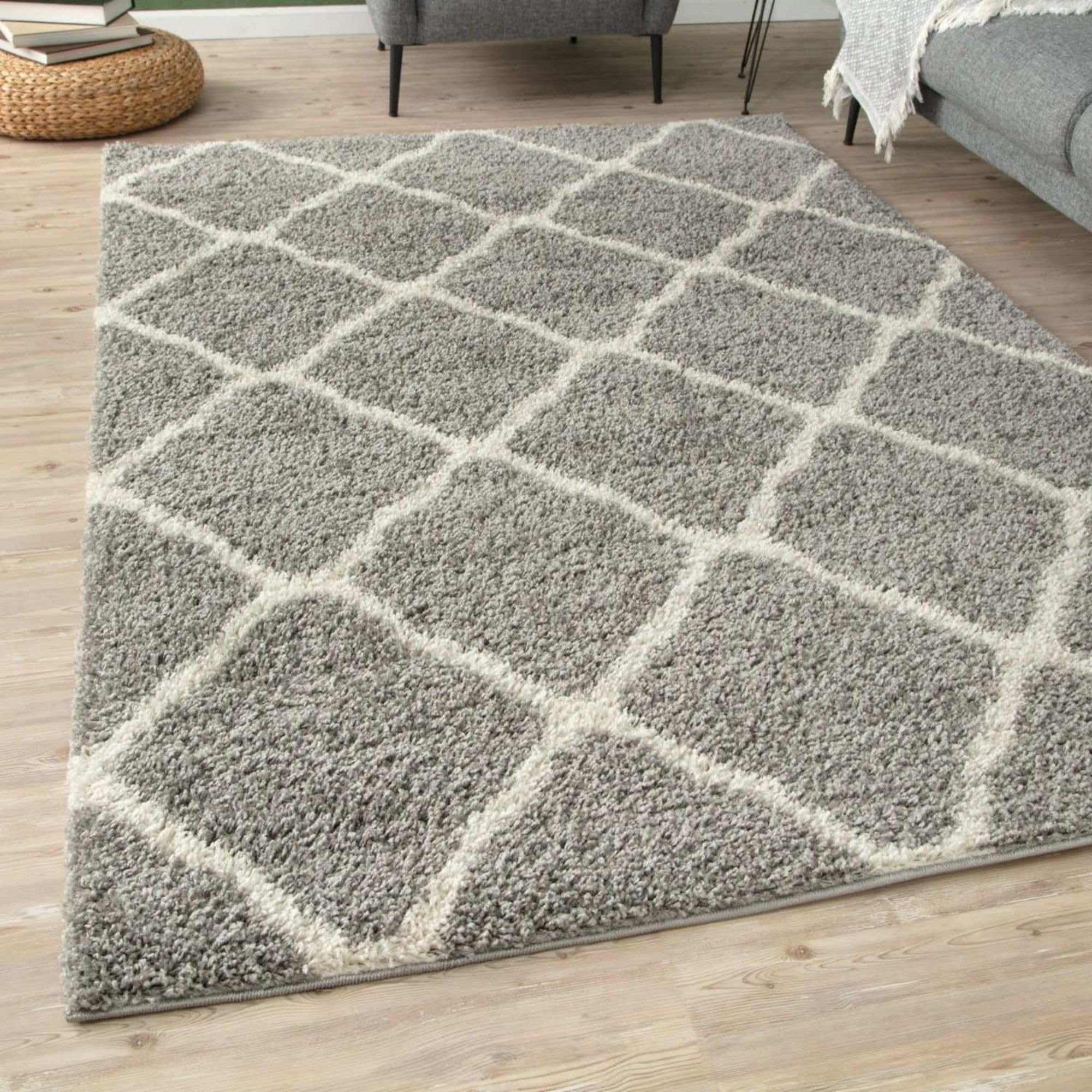THE RUGS Shaggy Rug – Modern Moroccan Design Rugs for Living Room, Bedroom, Hallway, 30 cm Thick Area Rugs, (Moroccan Grey/Ivory, 240x340cm)