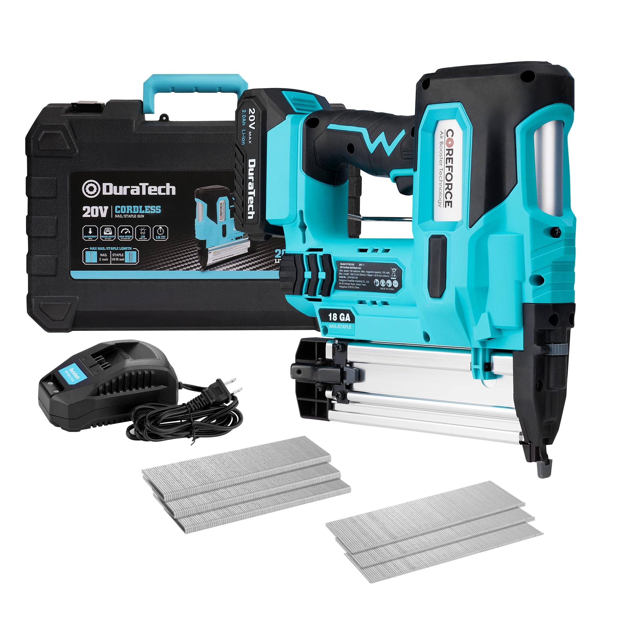 20V Cordless Brad Nailer, 18 Gauge, 2-in-1 Nail/Staple Gun for Upholstery, Carpentry, Including 2.0Ah Rechargeable Battery, 1H Quick Charger, 1000 Staples, 1000 Nails and Carrying Case