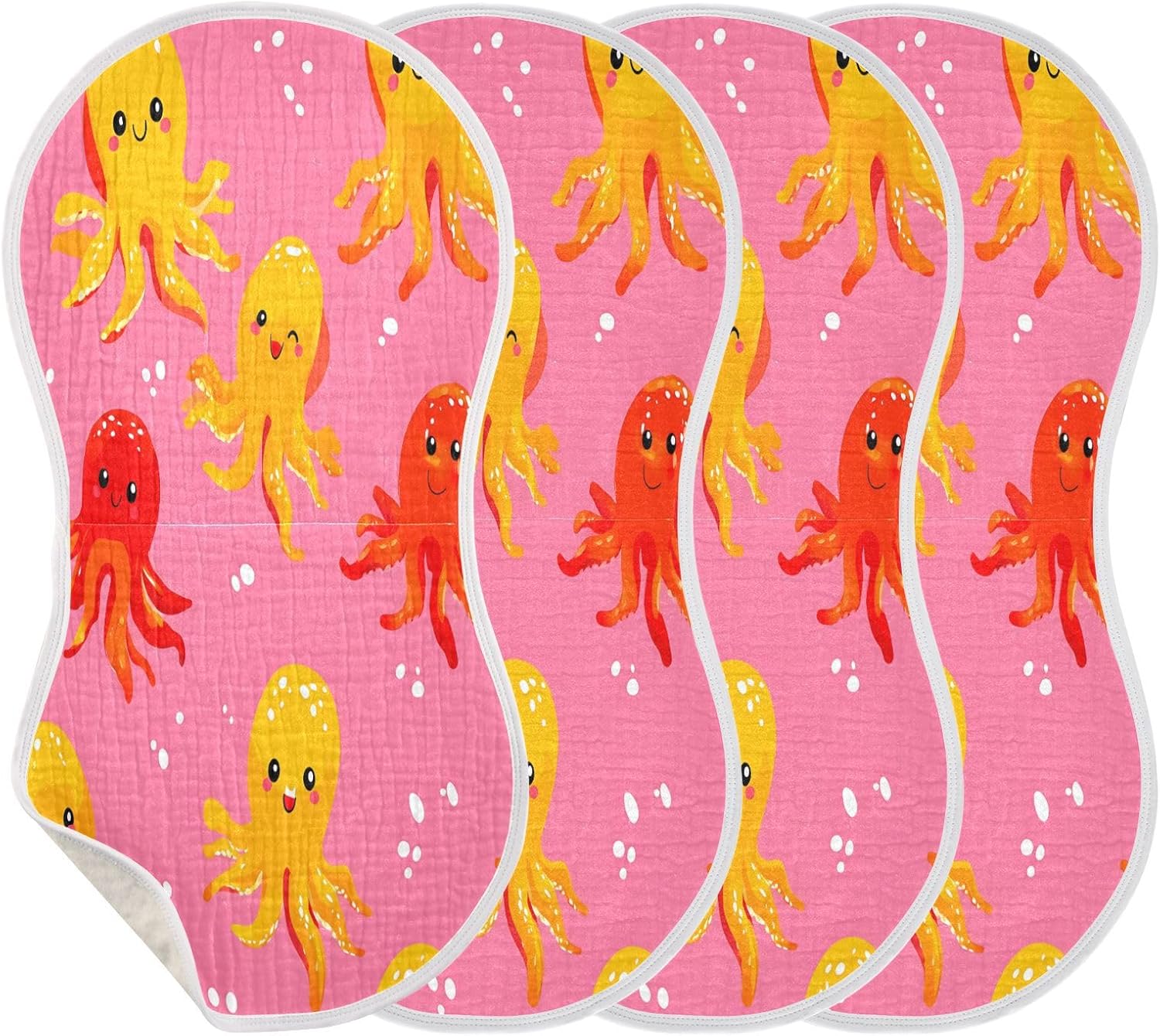 Cute Yellow and Red Octopus Pattern Baby Burp Cloths -4Pcs Soft Absorbent Muslin Washcloths Bibs Face Towel for Newborn Boys Girls 22 x 11 Inch