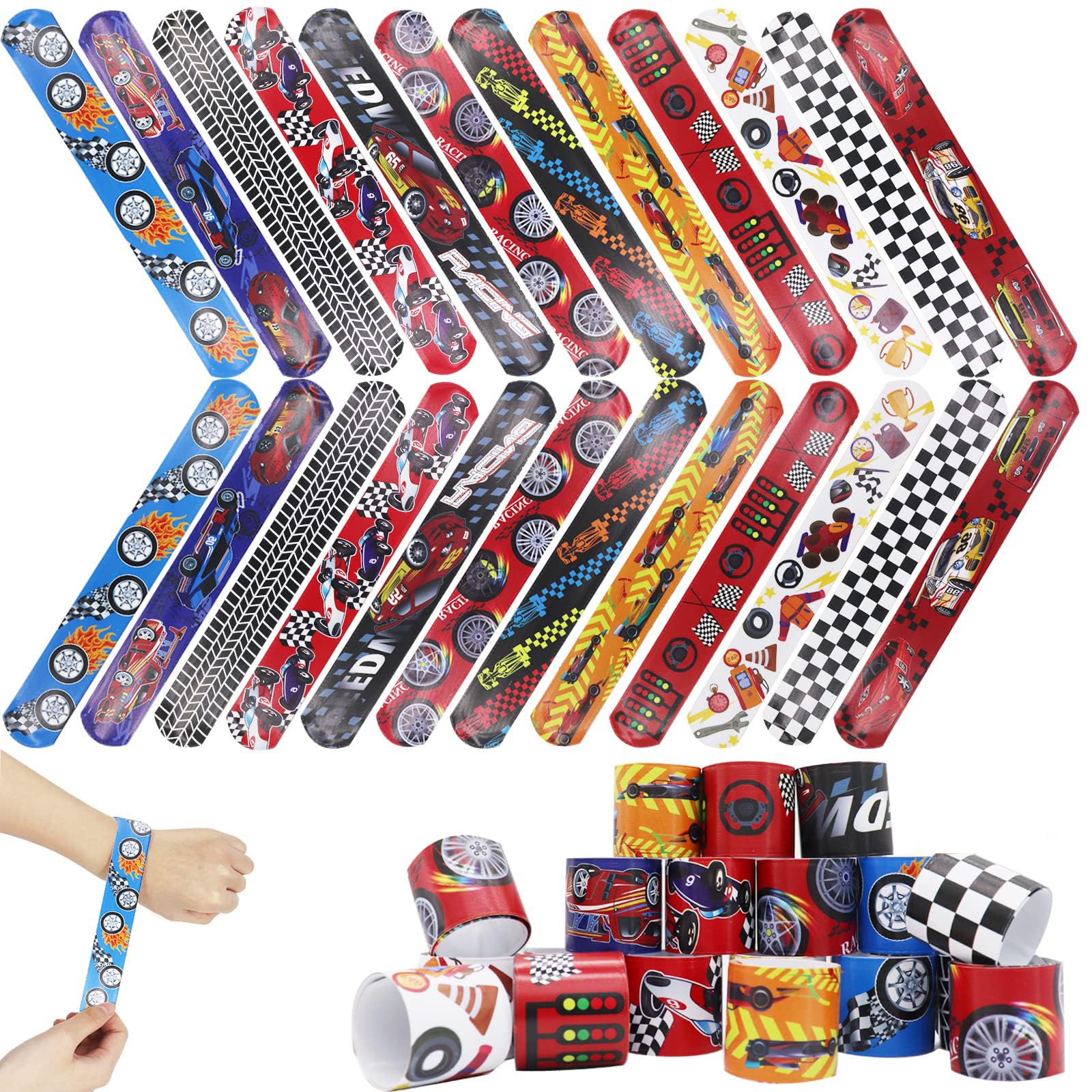 KASTWAVE 24 Pcs Slap Bracelet for Kids Party Bag Fillers, Cool Race Cars Wristbands Fun Boys and Girls Snap Bands Bulk Vinyl Rolls for Birthday Gift Goodie Bag Flavors School Classroom Little Toys