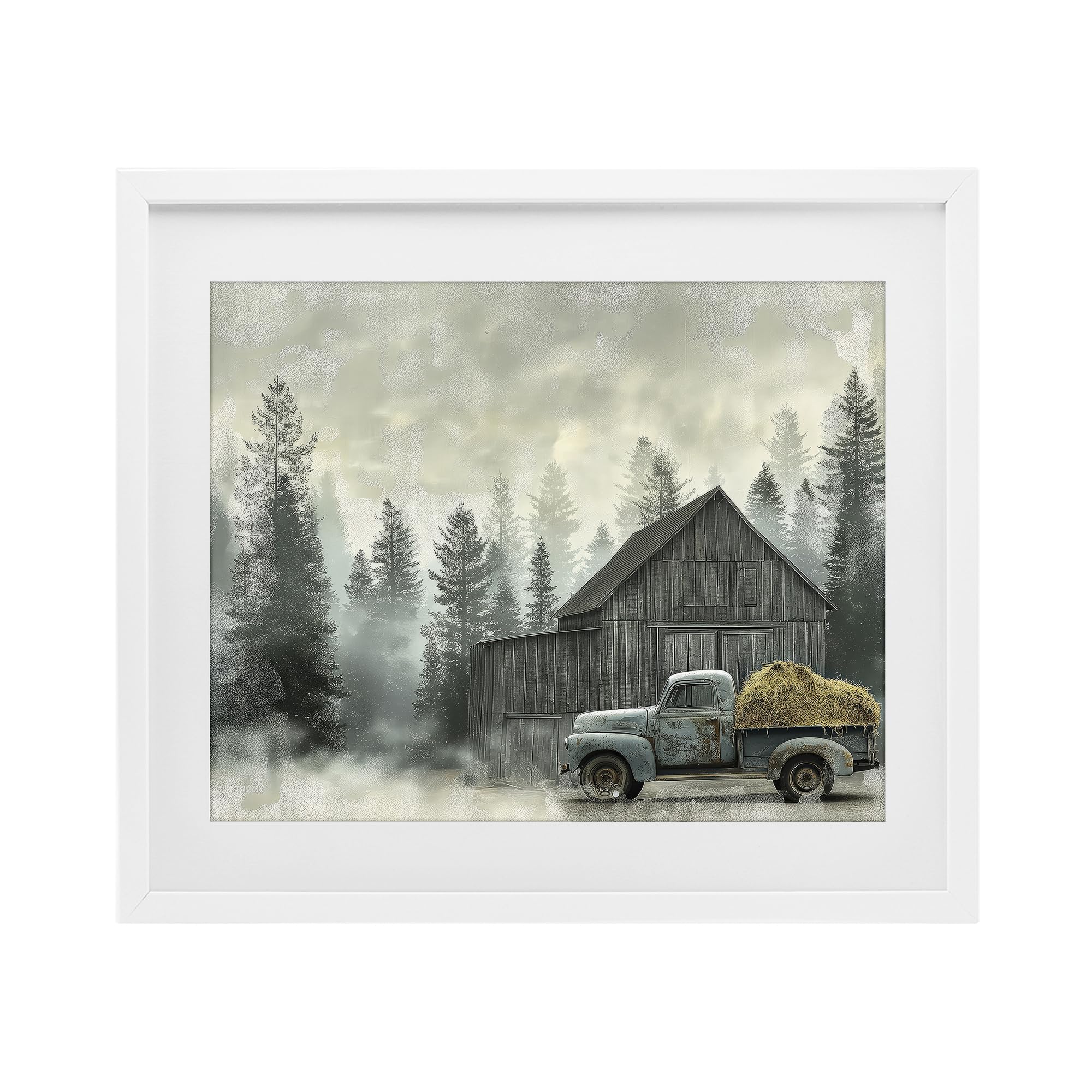 'Vintage Pickup at Misty Barn'| Framed Print Under Glass