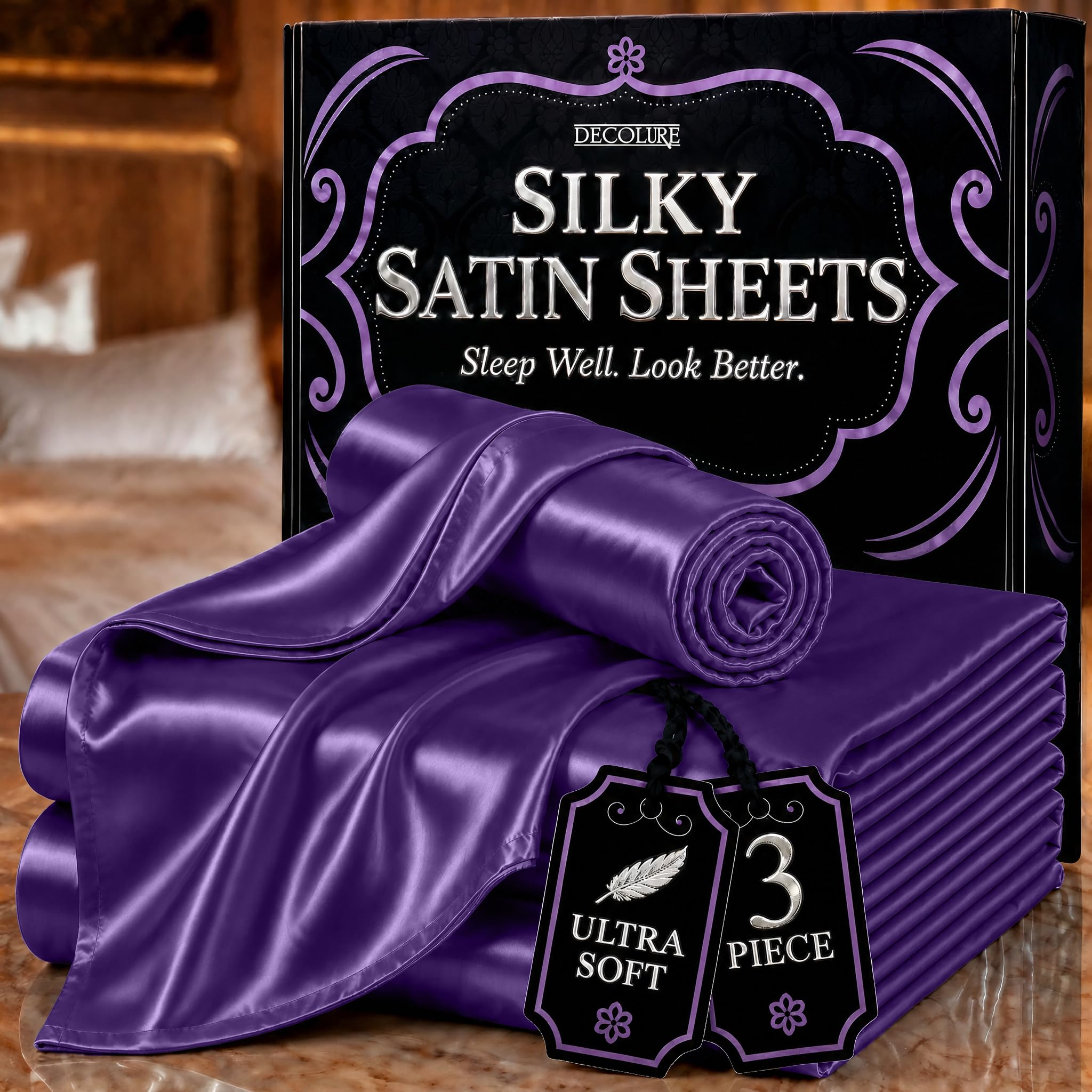 DECOLURE Satin Bed Sheets - 3 Piece Luxury Silky Twin Size Bedding Set - Softer Than Silk, Wrinkle-Free with 15โ Deep Pocket Fitted Sheet, Perfect for Hair & Skin, Gifts for Women (Purple) โ image 1