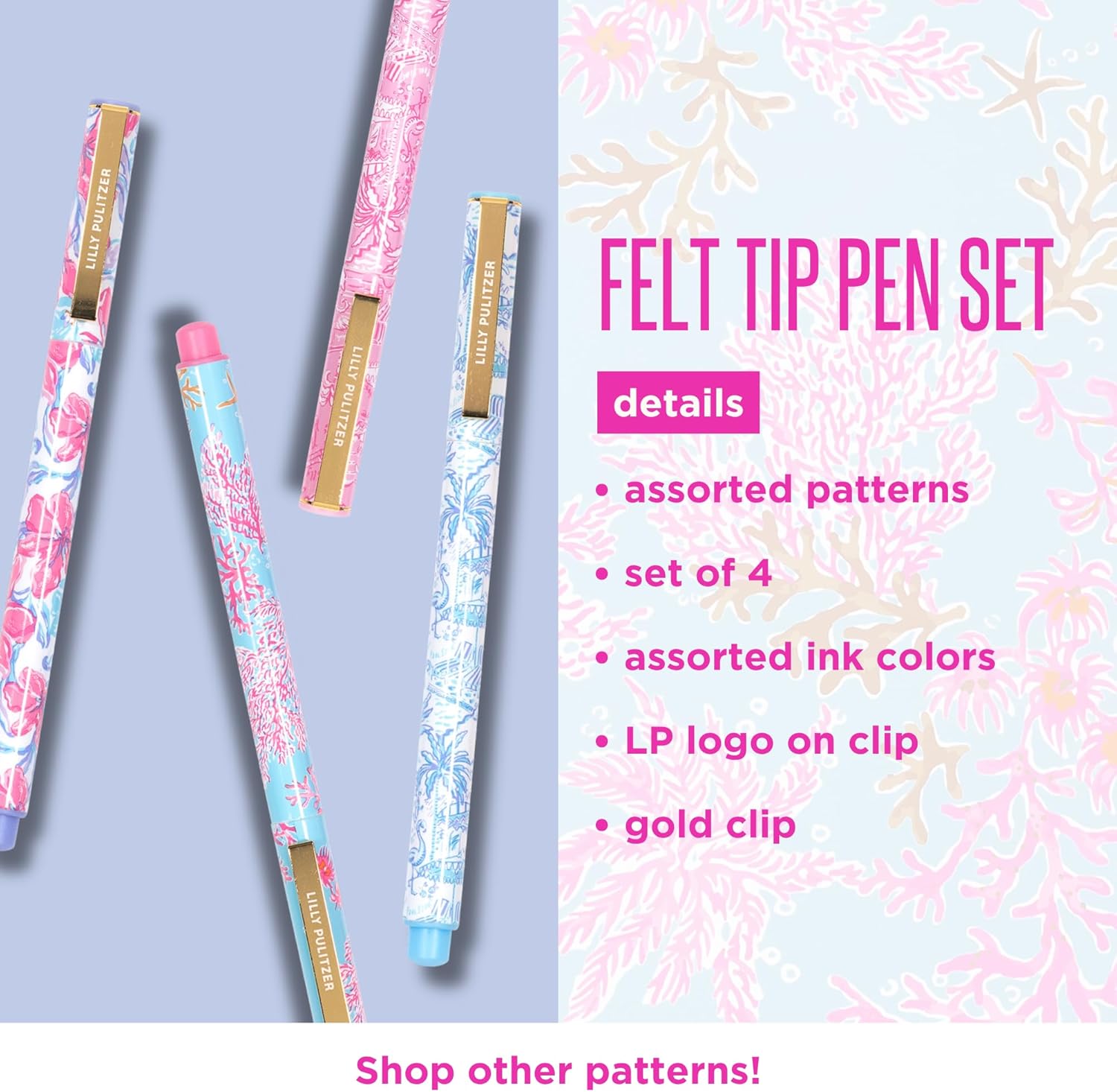 Lilly Pulitzer Felt Tip Pen Set of 4, Colored Pens Fine Point, Colorful Pens for Note Taking and Journaling (Pink and Blue Assorted Patterns) - Image 3