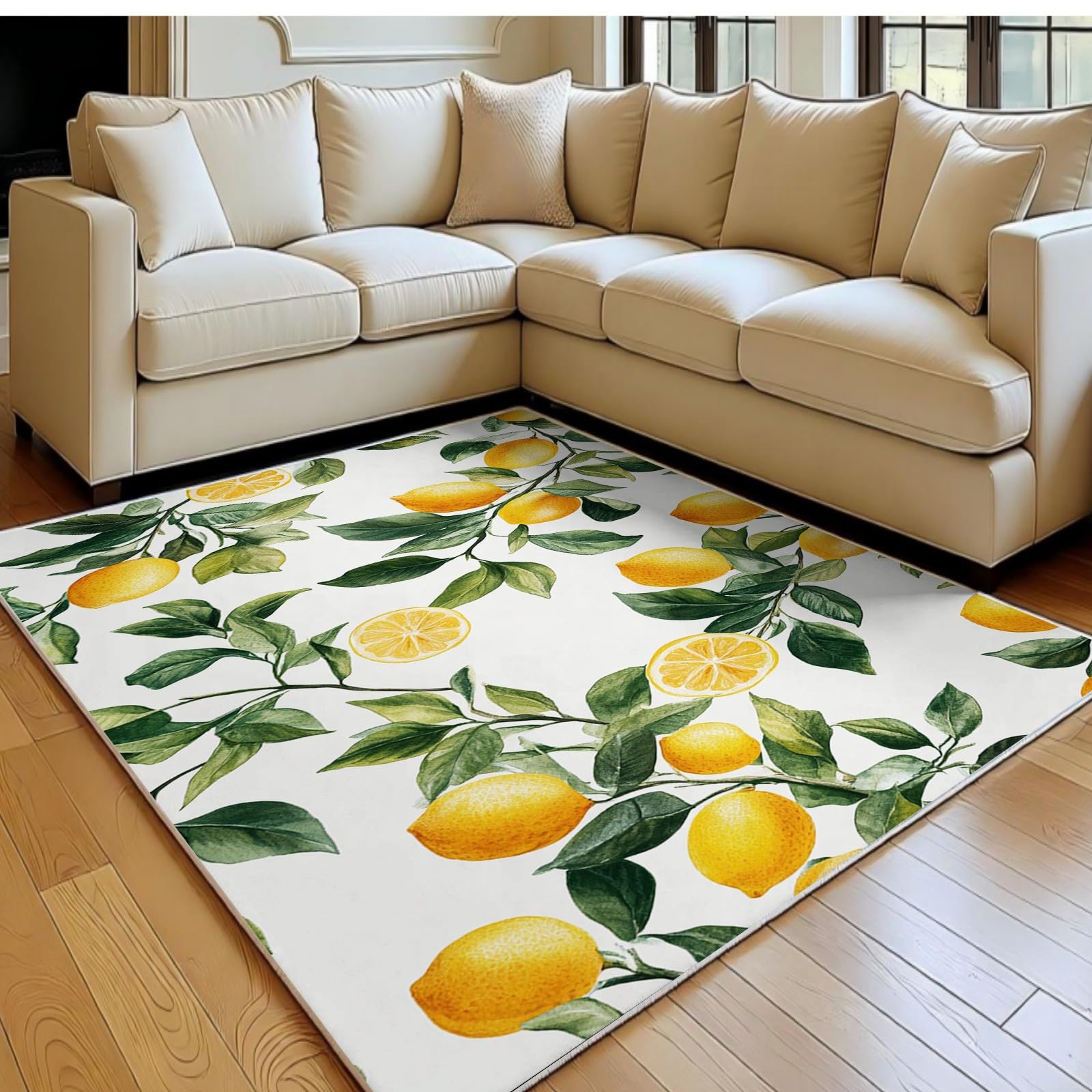 Tapis de salon jaune 140x200 cm en flanelle à motif de branches de citronnier