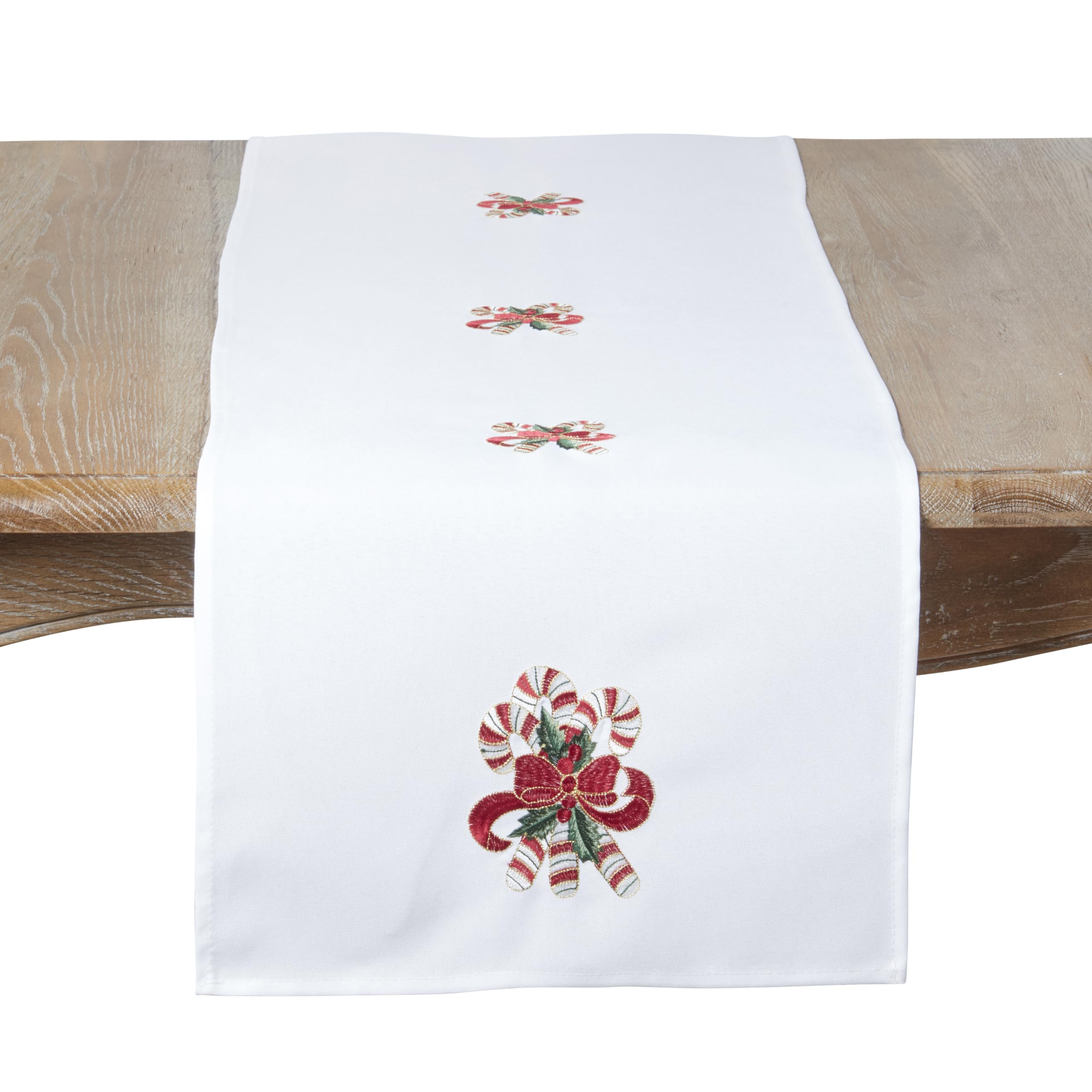 SARO LIFESTYLE Candy Cane & Bow Holiday Table Runner - Embroidered Christmas Table Runner for Festive Dining Tables, Seasonal Entertaining, Holiday Kitchen Décor, and Winter Tablescapes, 16"x70",White