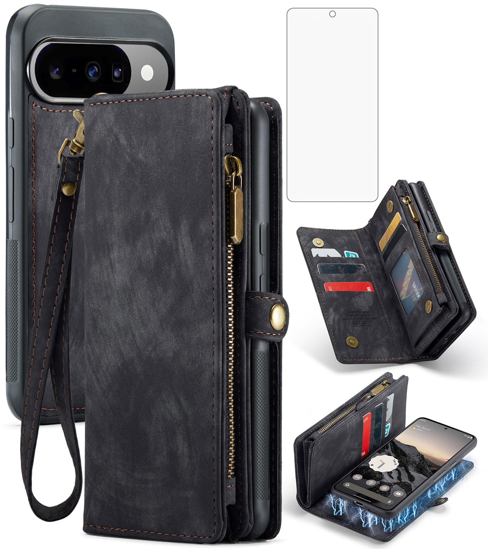 Asuwish Custodia per telefono per Google Pixel 10/10 Pro 5G Portafoglio con cerniera magnetica rimovibile con pellicola protettiva in vetro temperato e porta carte di credito cellulare Pixel10 10Pro
