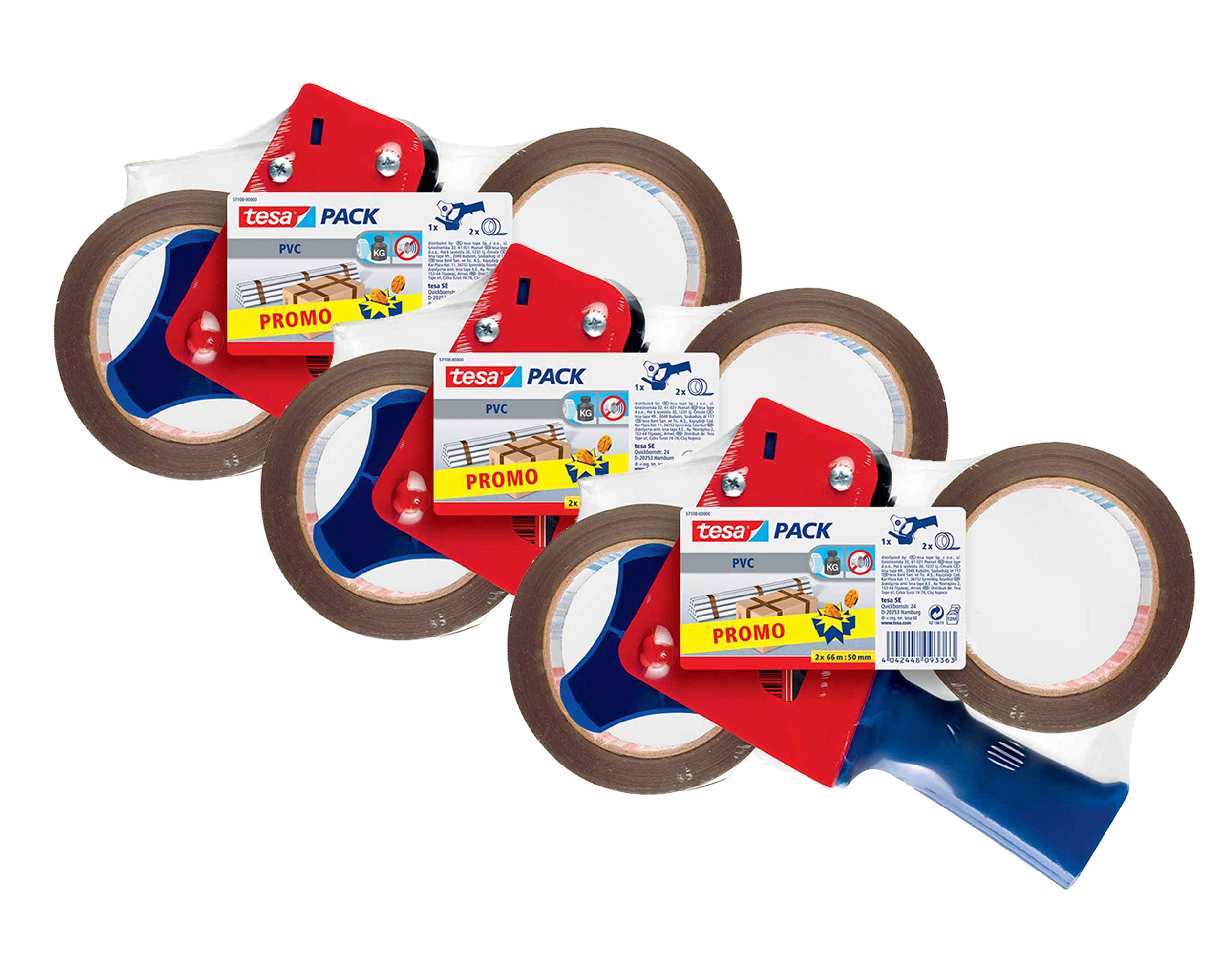 tesapack Ultra Strong - Juego de cintas adhesivas con cinta de PVC extra fuerte (66 m x 50 mm, 3x Nur Abroller)