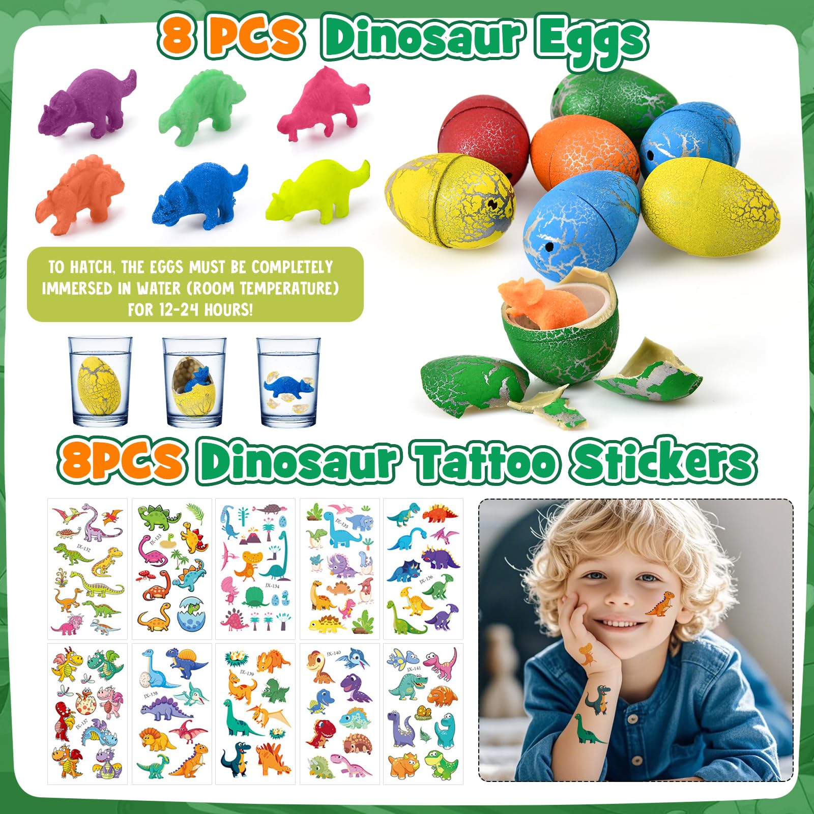 Dinosauri Gadget Compleanno Bambini con Kit di Artigianato in Legno, Borse di Tela, Uova Dino, Braccialetti Schioccanti, Timbri e Tatuaggi Temporanei, Regalini Fine Festa e Riempimento per Pignatta