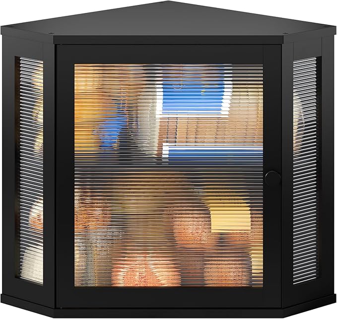 BMOSU Corner Bread Box for Kitchen Countertop Double Layer Bamboo Wooden Bread box Large Capacity Bread Storage Bin(Black, Medium)