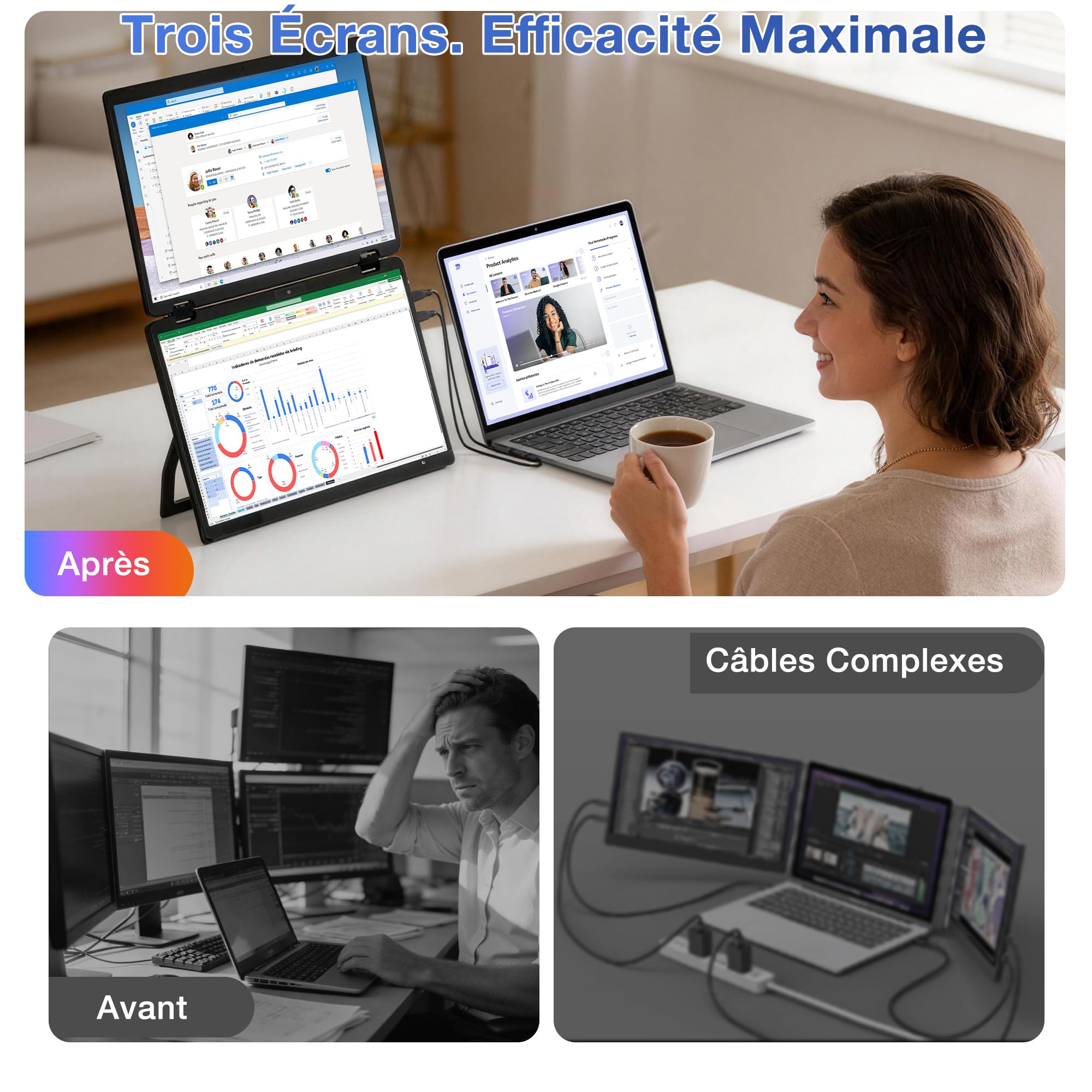 Kwumsy Double Écran Portable 15,6" pour PC Portable, Extension d’Écran USB-C FHD 1080P IPS, Triple Écran pour Ordinateur Portable, Écran Pliable 330° Rotatif, Plug & Play, Compatible VESA, Wins et Mac
