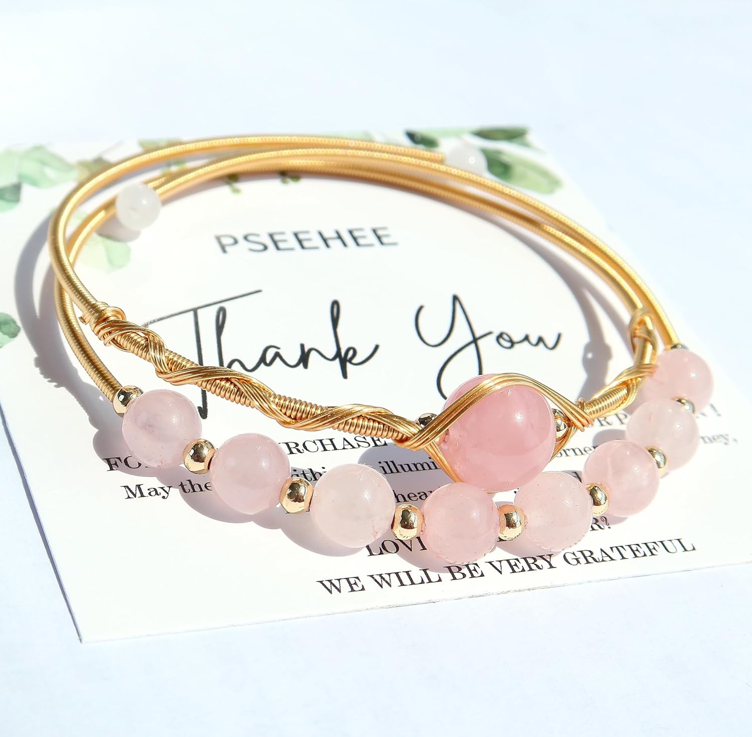 Handmade Genuine Rose Quartz Beads Double Layered 14k Gold Filled Wire Wrapped Bracelet, Birthstone Chakra Healing Gemstone Crystal Adjustable Bangle Cuff Jewelry Gift for Women - Image 7
