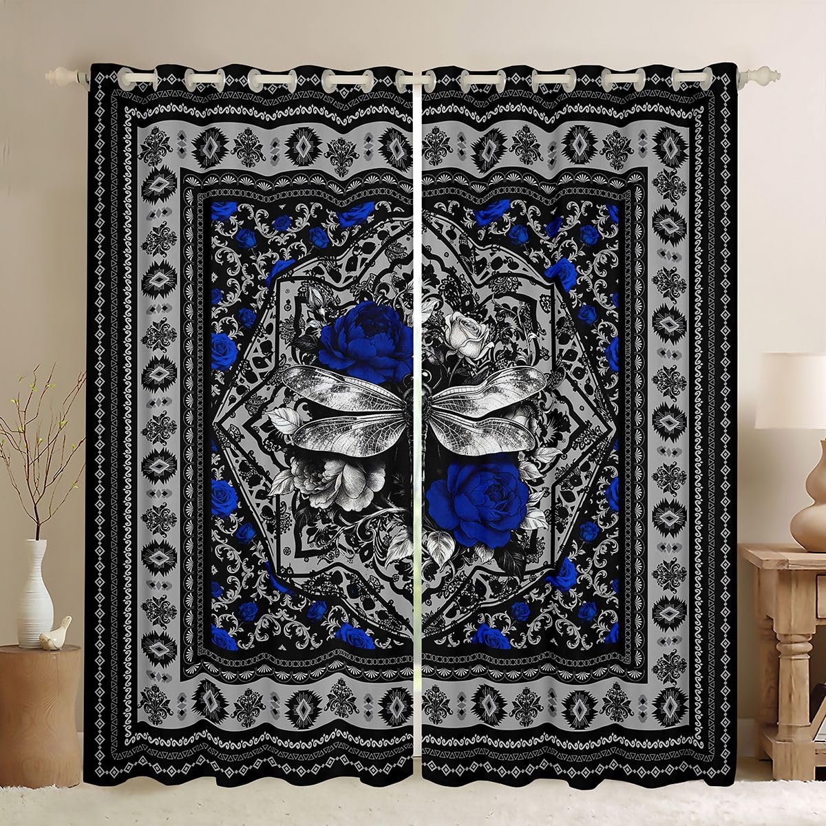 Rideau Occultant 140x260 cm Voilage Fenêtre Bohème Rose Bleue Libellule