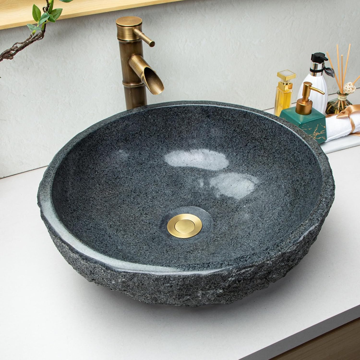 100% Pure Hand Carved Surface Bathroom Sinks - Dark Gray Stone Vanity Sinks - Black Speckled Vanity Sinks, Personalized Sinks, Rustic Farmhouse Style