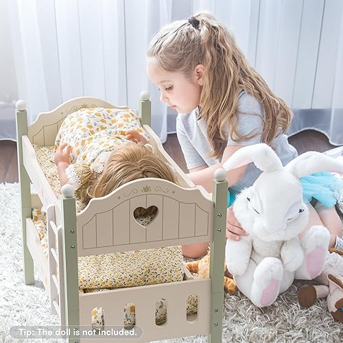 Miniatura 7 de ROBOTIME Litera de muñeca de 18 pulgadas, cama de muñeca de madera, cuna para muñecas de 18 pulgadas, juguete con ropa de cama, se adapta a muñecas