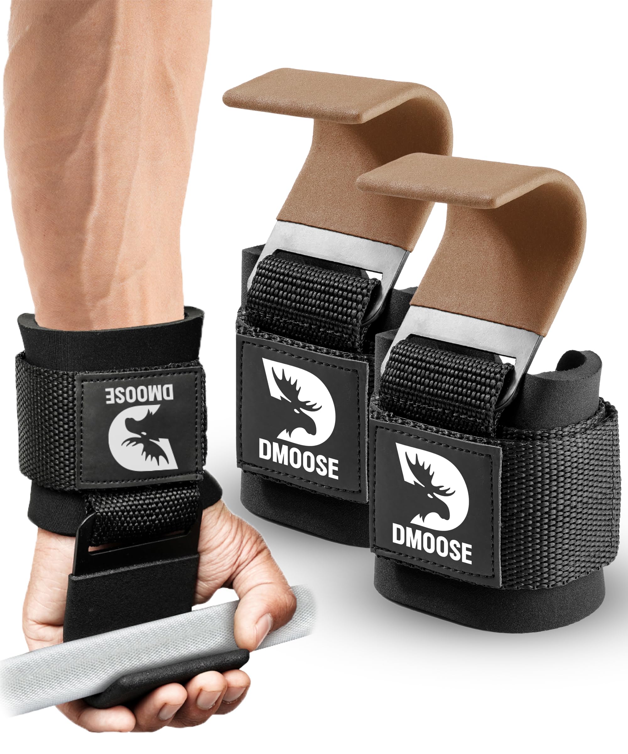 DMoose Weight Lifting Hooks (Pair), Hand Grip Support Wrist Straps For Men And Women, 8 Mm Thick Padded Neoprene, Deadlift, Powerlifting, Pull Up Bar, Liftups, Shrugs (Brown (Flat Hook))