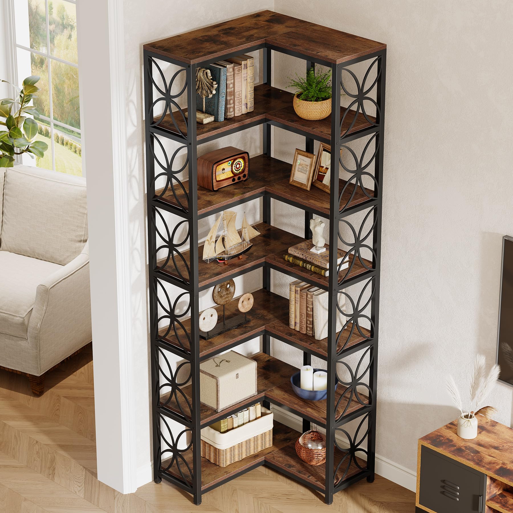 Tribesigns Libreria Angolare da 200 cm, Scaffale Angolare a Forma di L in Legno con 7 Ripiani, Stile Industriale, Angoliera Soggiorno per Soggiorno, Cucina, Ufficio, Marrone Rustico e Nero