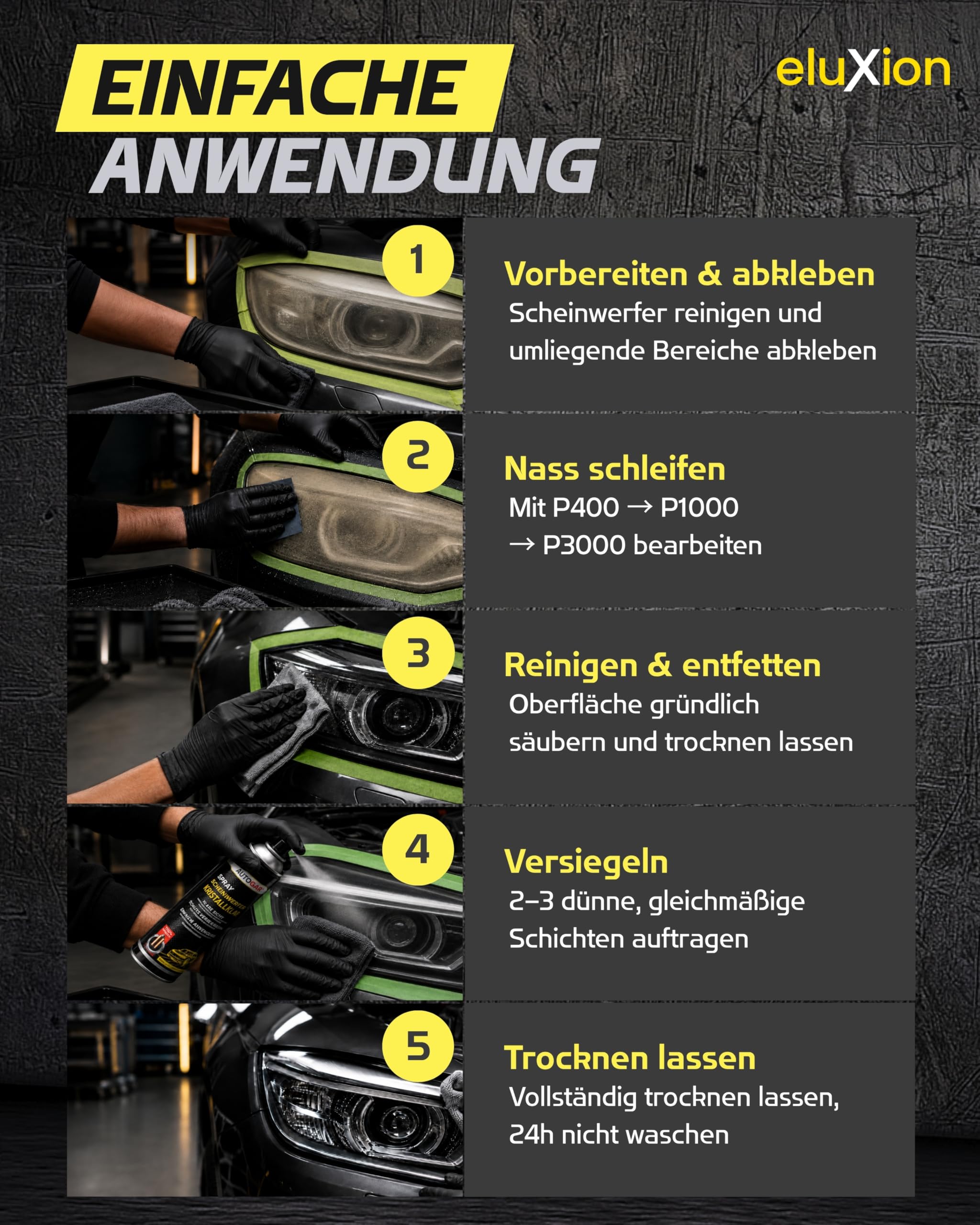 Headlight Restore Kit Pro I Scheinwerfer Aufbereitung Set ohne Maschine I DIY Komplettset mit Spezial-Klarlack-Spray I Nassschleifpapier & Zubehör für Kunststoffscheinwerfer