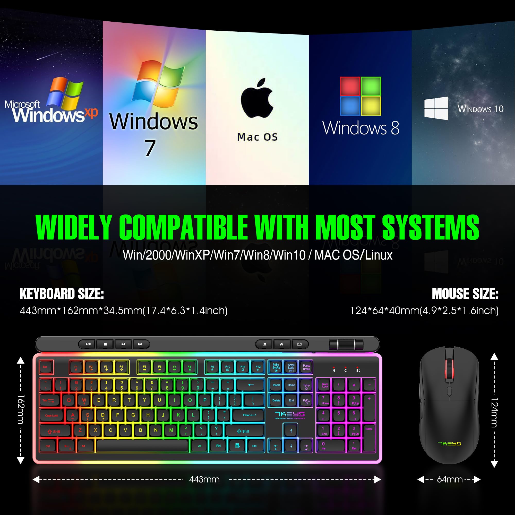 7KEYS Wireless Keyboard and Mouse Combo, Computer Gaming Keyboard with RGB Backlight, Full Size Keyboard, Durable Mechanical Feel, Ergonomic Light Up Mouse 3200DPI for PC Office MacBook Laptop MAC