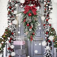 Vista 6 de Guirnalda de escalera de Navidad, 21.6 pulgadas, guirnaldas de Navidad de tela roja para decoración, agujas de pino verde, botín de lágrima