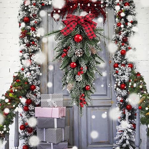 Miniatura 6 de Guirnalda de escalera de Navidad, 21.6 pulgadas, guirnaldas de Navidad de tela roja para decoración, agujas de pino verde, botín de lágrima,